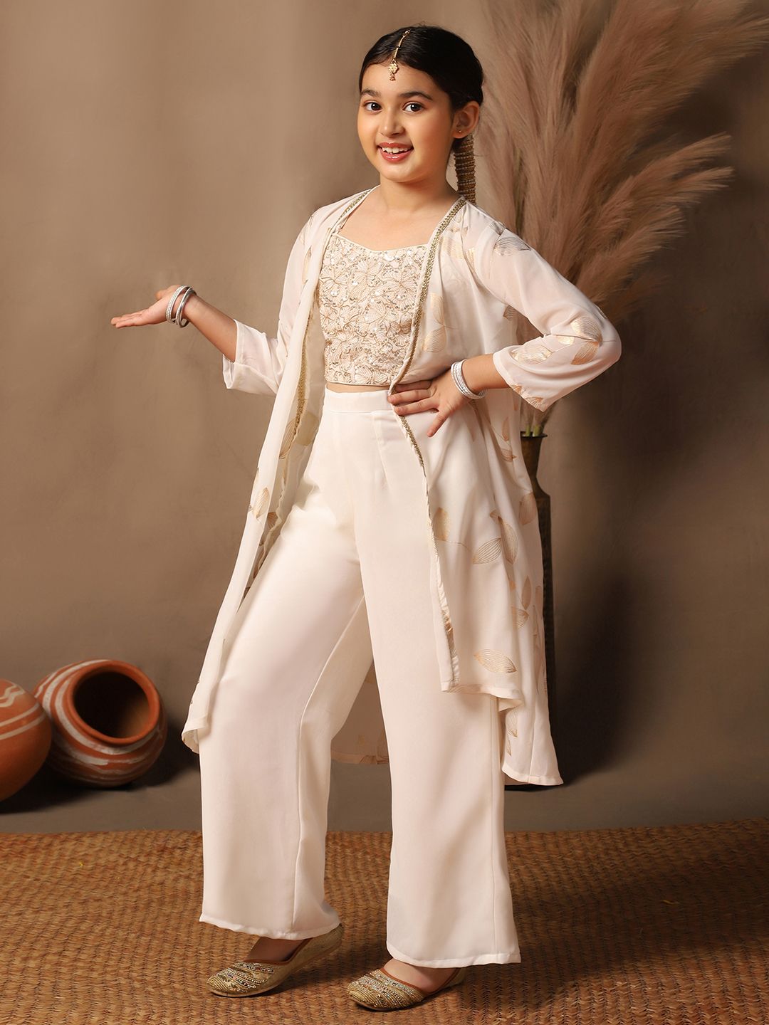 Girls Floral Embroidered Sequinned Top with Palazzos & Shrug 4