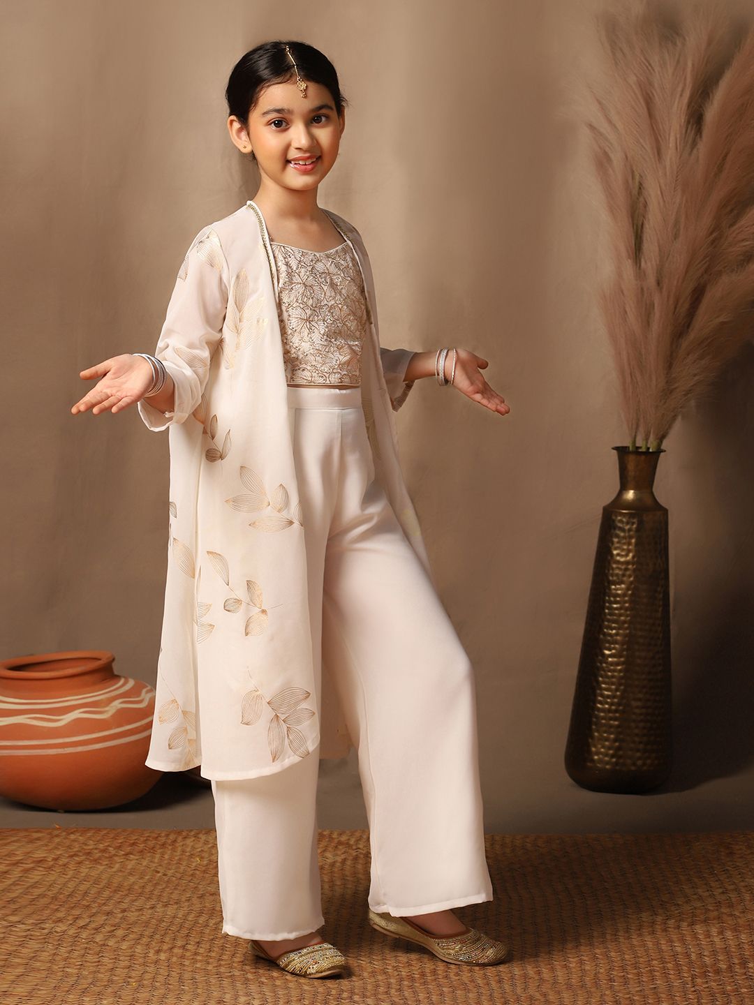 Girls Floral Embroidered Sequinned Top with Palazzos & Shrug 3