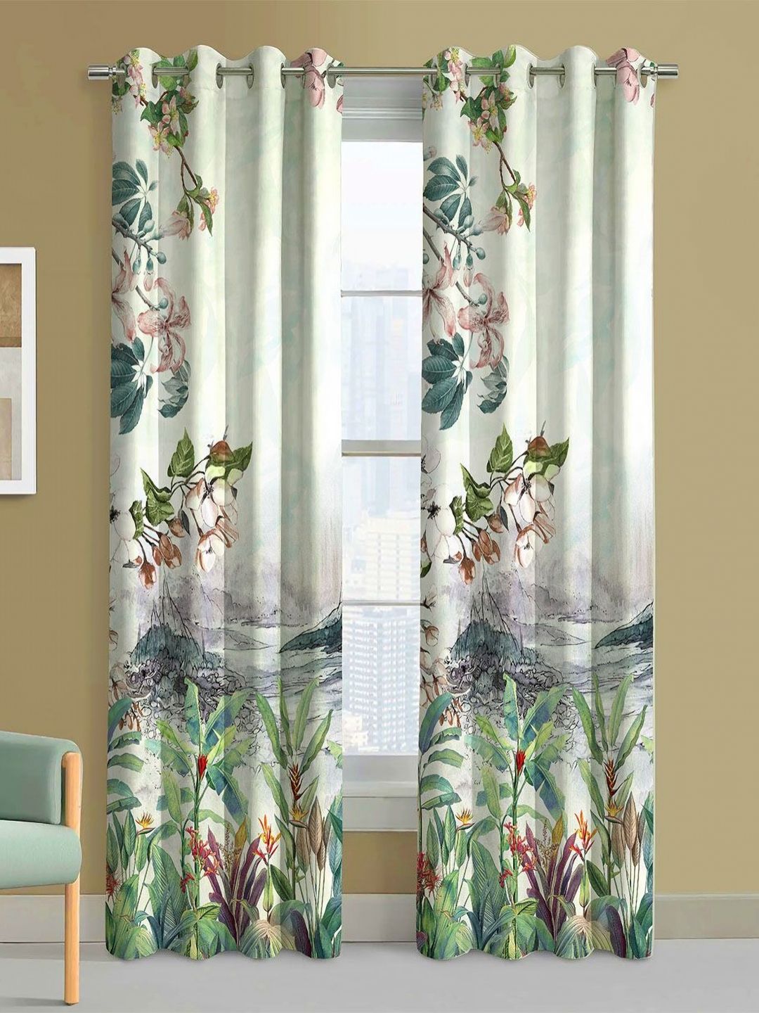 Steve & Anderson Jester 2 Pieces Green And Brown Floral Printed Long Door Curtain (9Feet)