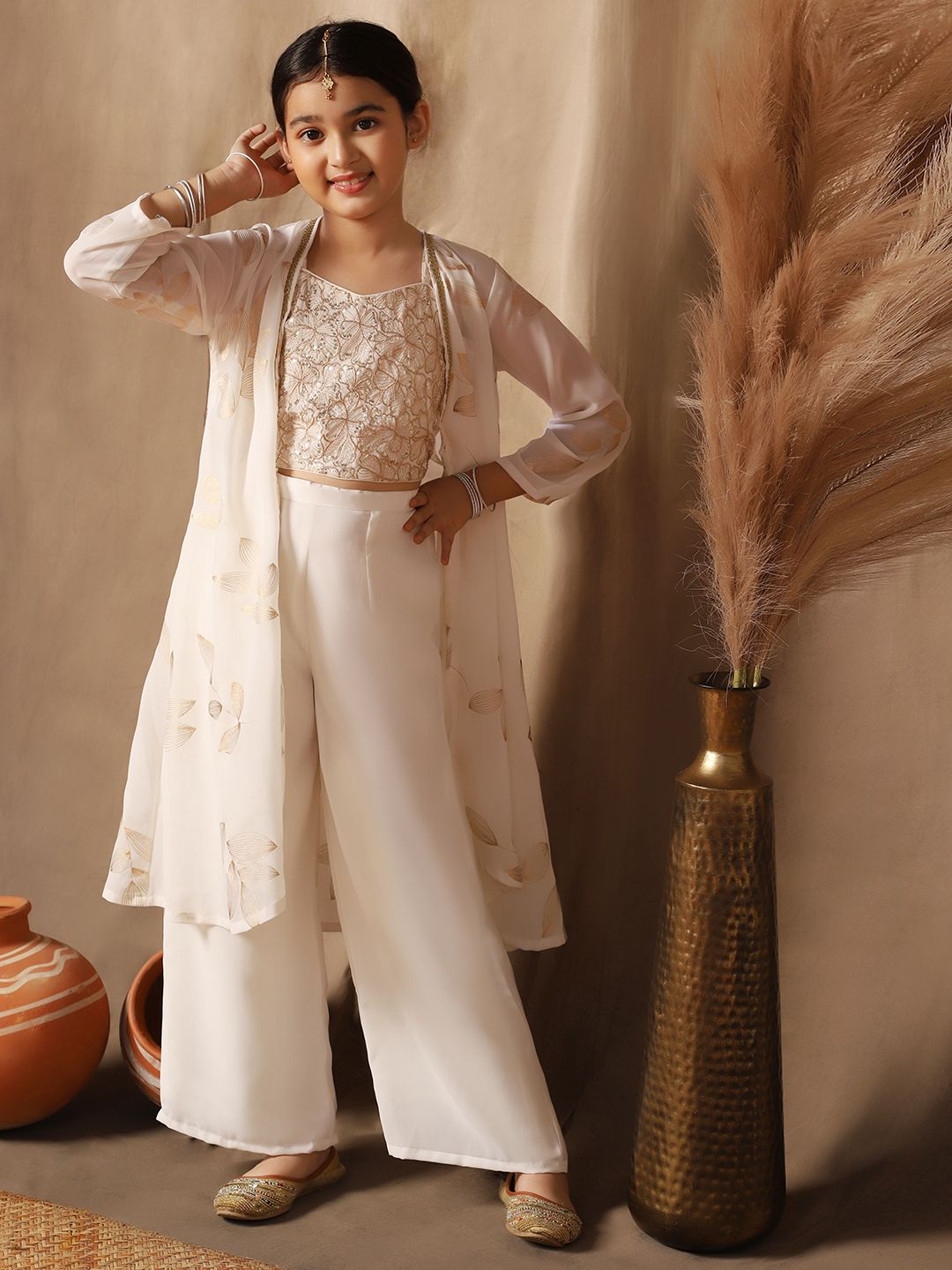 Girls Floral Embroidered Sequinned Top with Palazzos & Shrug 6
