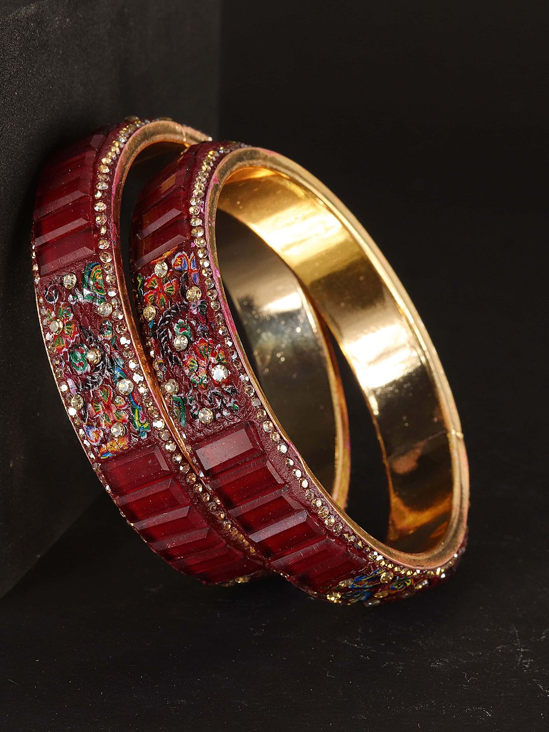 Buy ZULKA Set Of 2 Zircon Diamond & Crystal Studded Floral Printed Metal Kada Bangles -  - Accessories for Women