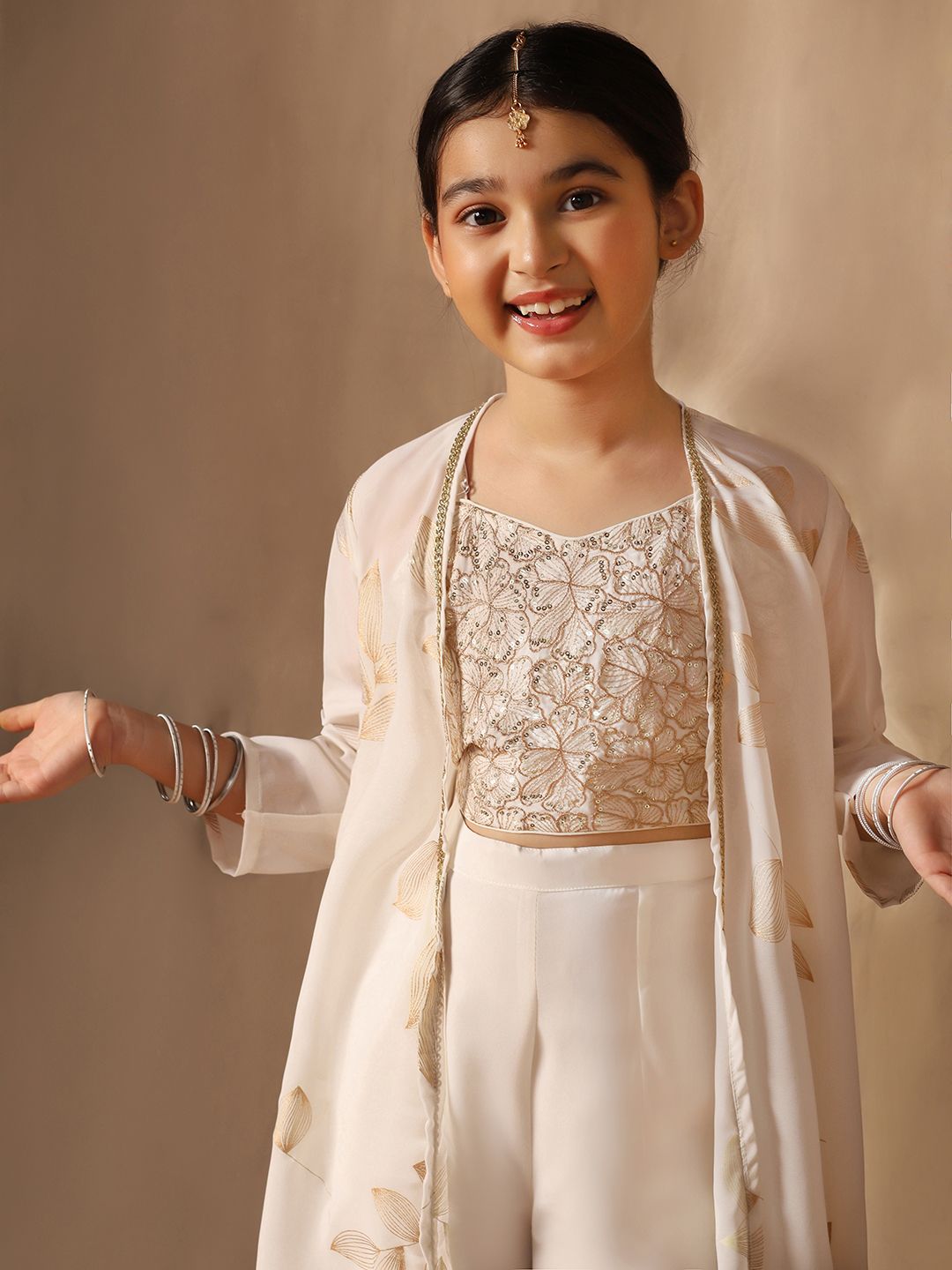 Girls Floral Embroidered Sequinned Top with Palazzos & Shrug 2