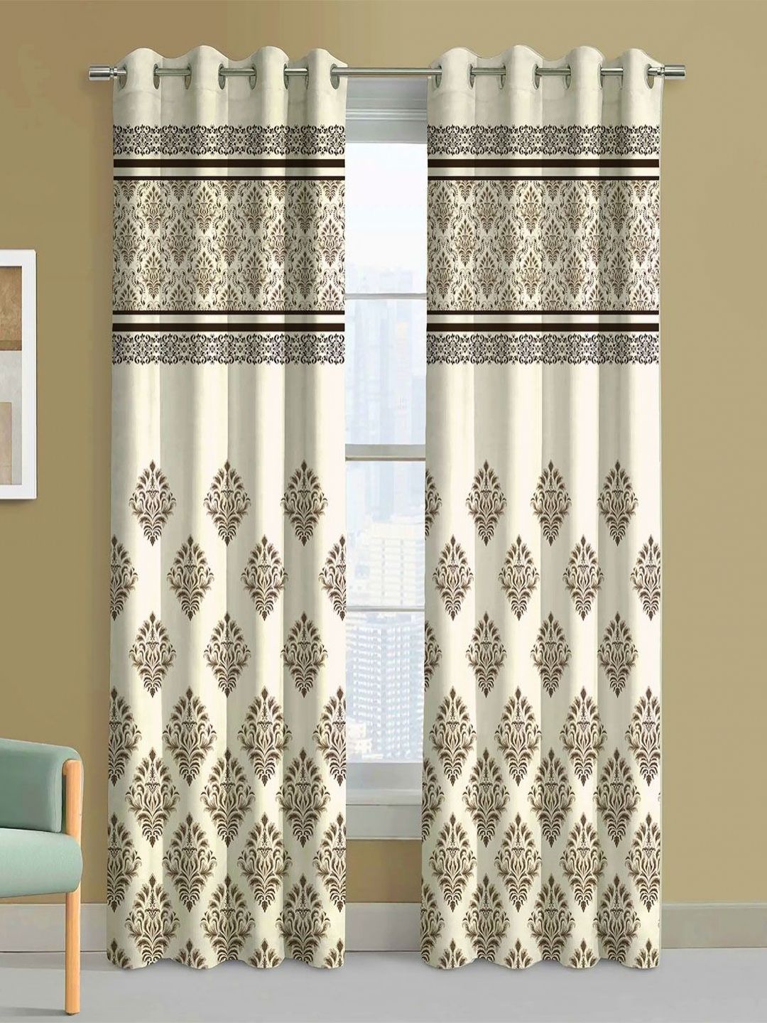 Steve & Anderson Ozzon White And Brown 2 Pieces Floral Printed Long Door Curtains (9Feet)