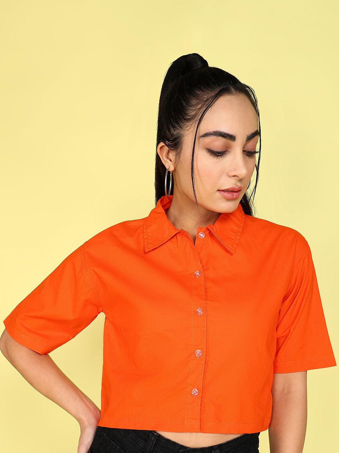KASHIAN Women Relaxed Fit Spread Collar Solid Cotton Casual Shirt