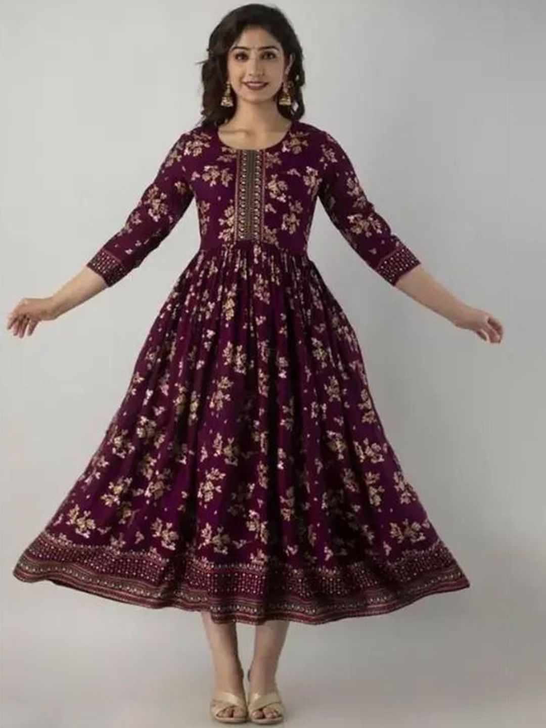 clothonus Maternity Floral Printed Gotta Patti Work Pleated  Anarkali Ethnic Dress