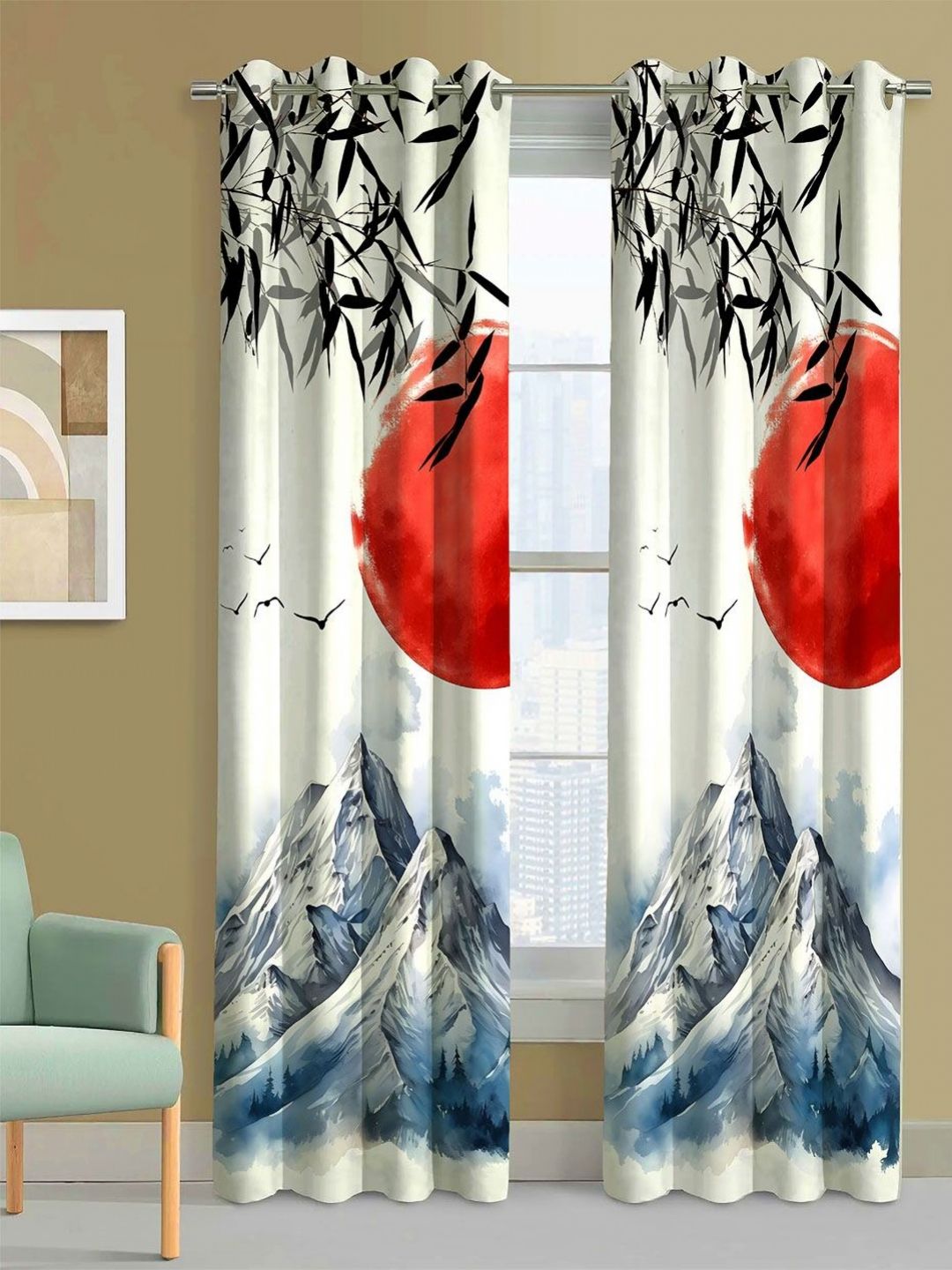 Steve & Anderson Aura White And Black 2 Pieces Floral Printed Long Door Curtains (9Feet)