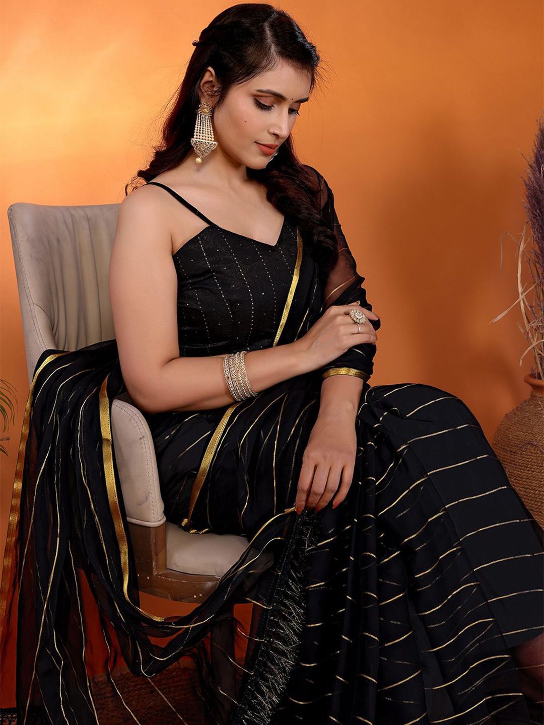 FABMORA Striped Zari Poly Chiffon Banarasi Saree