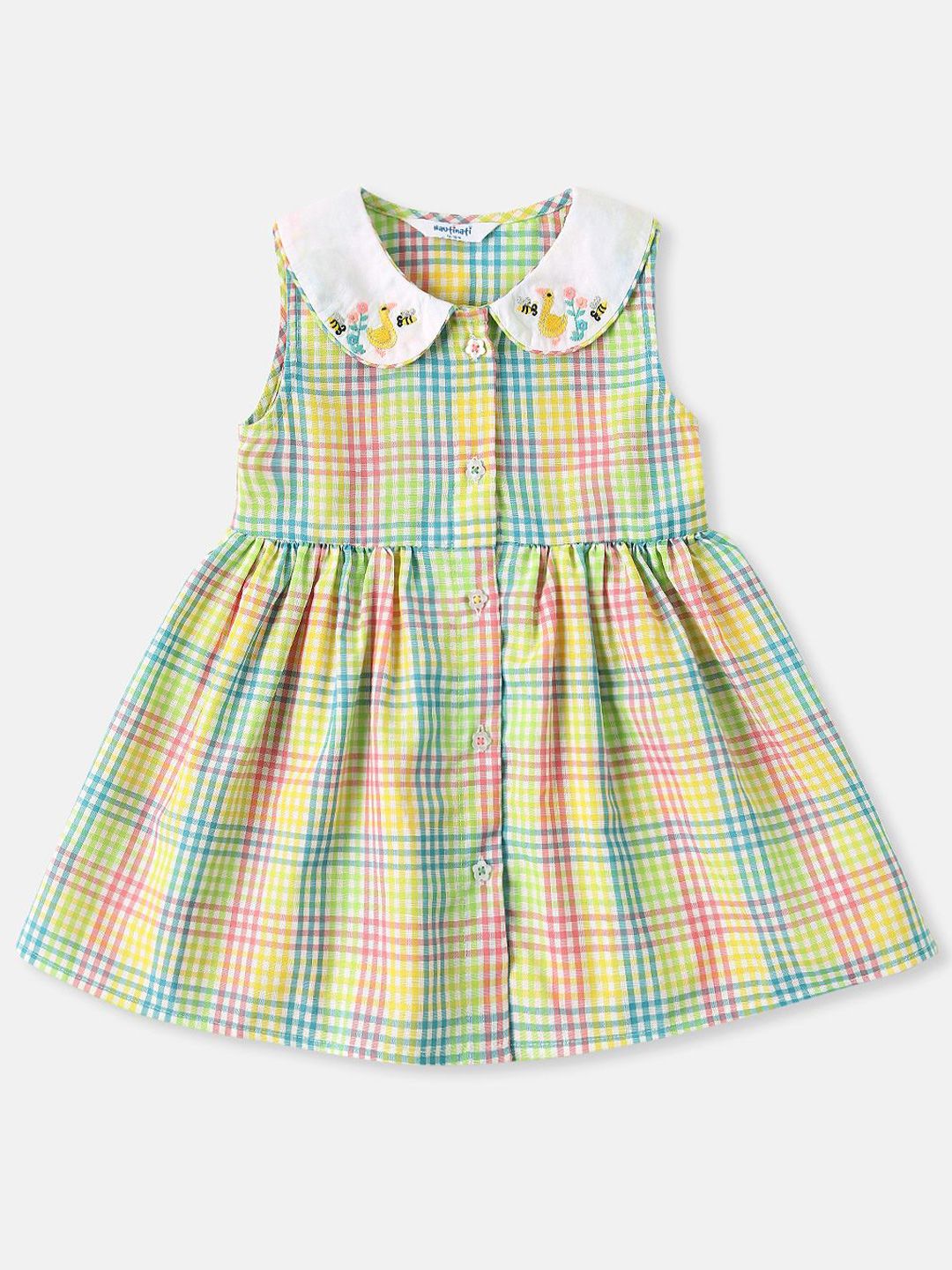 Nauti Nati Nautinati Cotton Embroidered Checked Knee Length Fit & Flare Dress