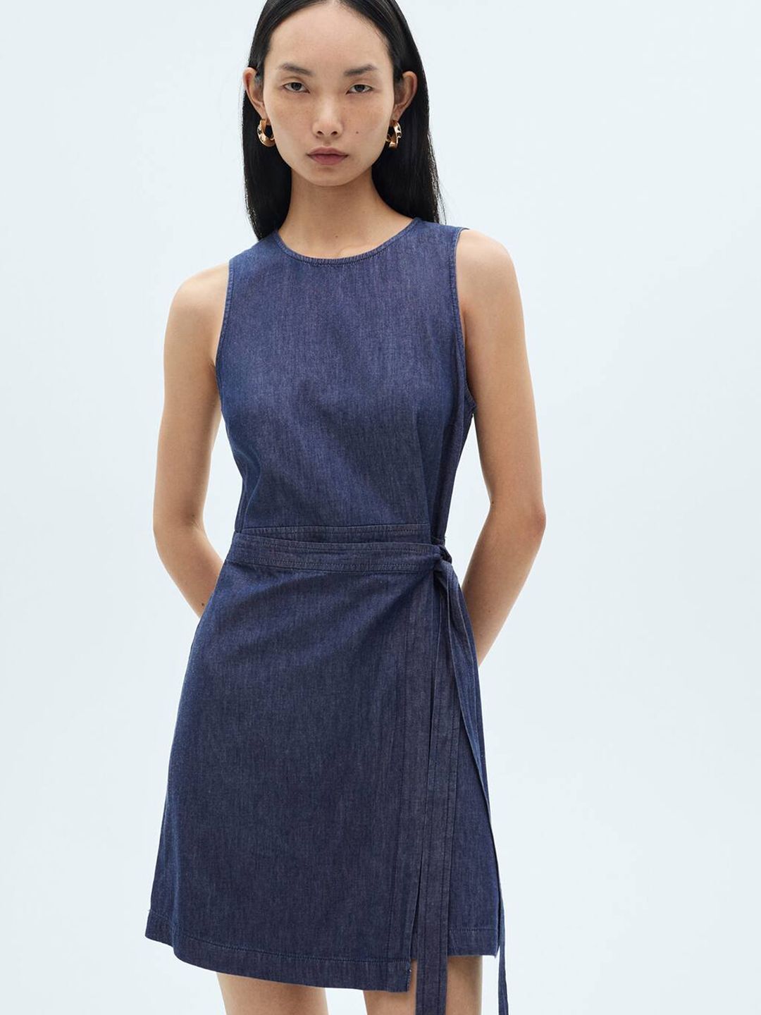 MANGO Pure Cotton Demin Solid Wrap Dress