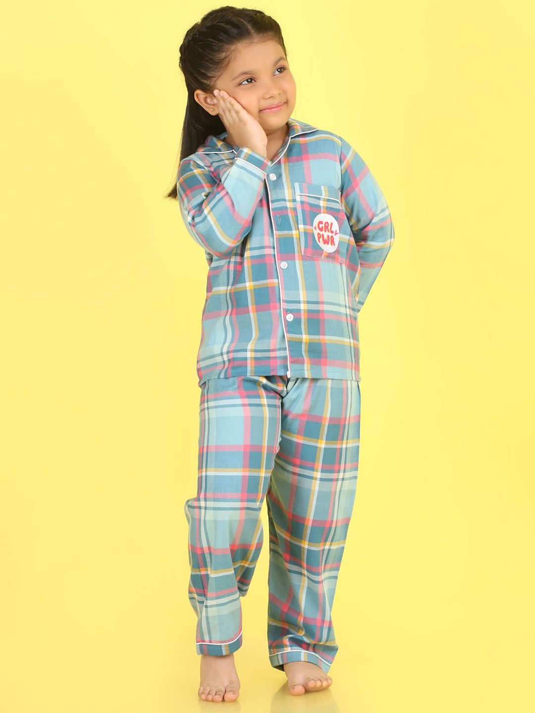 Knitting Doodles Girls Embroidery Blue Checked Pure Cotton Pocket Night suit