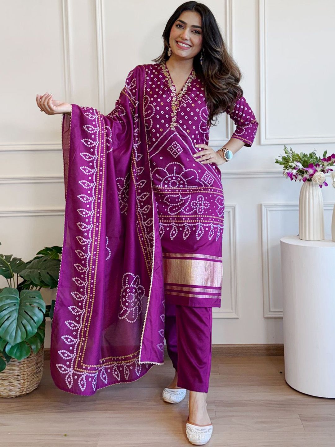 JAPNAAM Women Bandhani Printed Regular Gotta Patti Kurta with Trousers & Dupatta