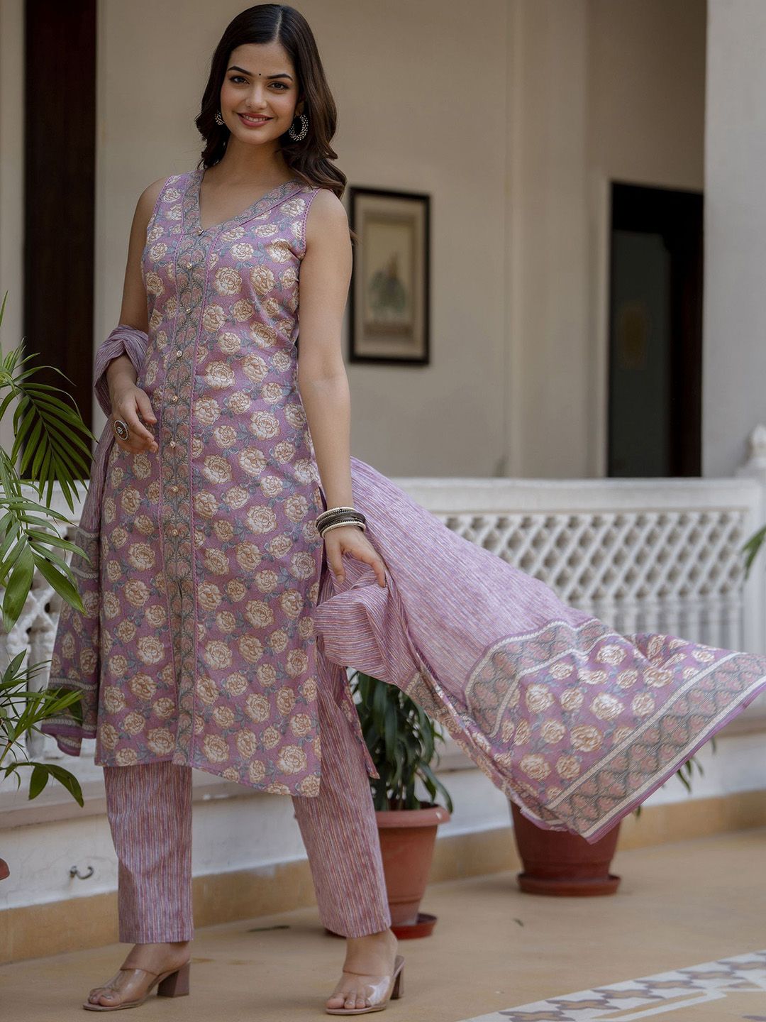 Anouk Rustic Women Floral Printed Front Slit Pure Cotton Kurta with Trousers & Dupatta