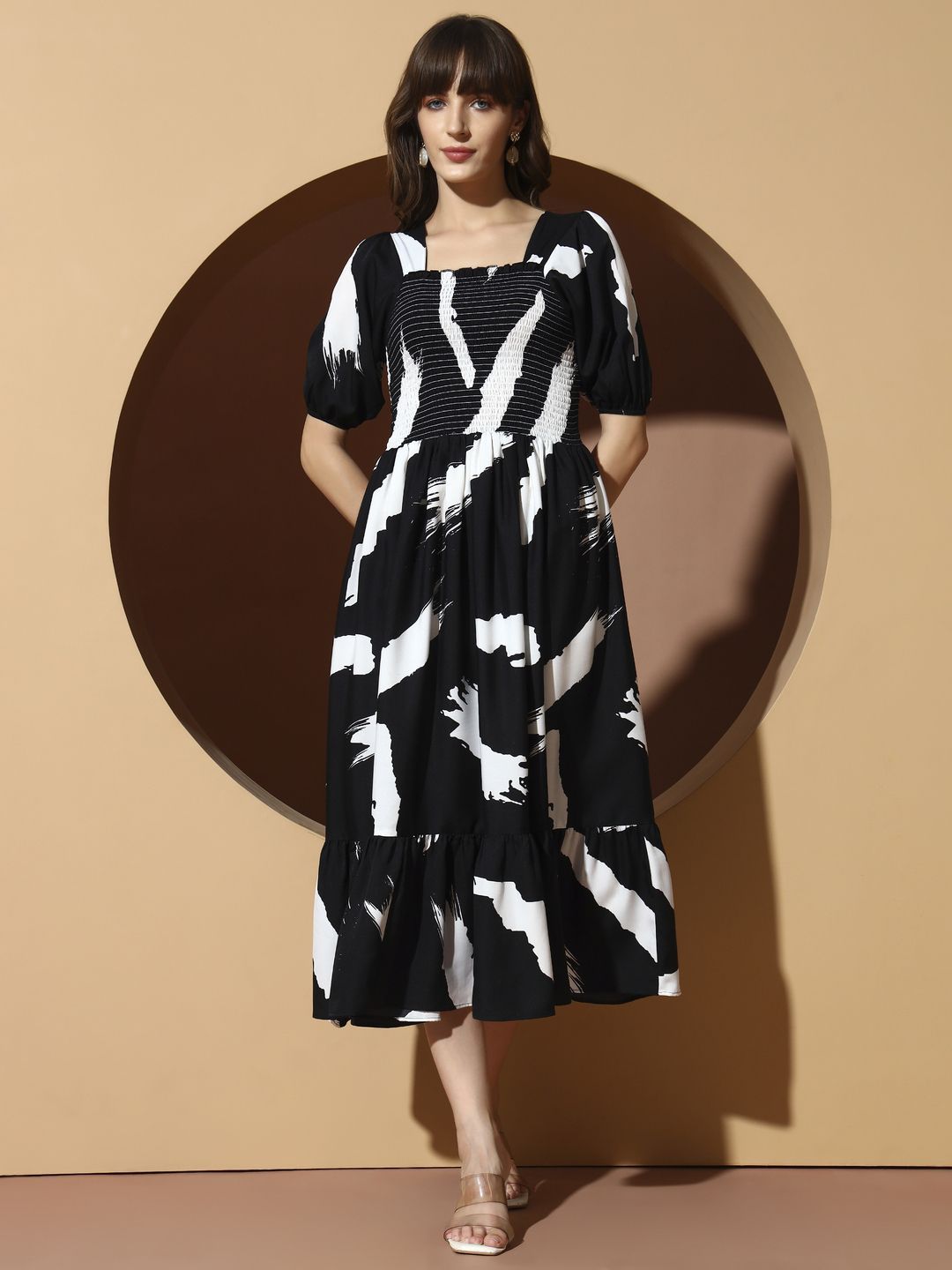 ZWERLON Abstract Printed Puff Sleeves Fit and Flare Midi Dress
