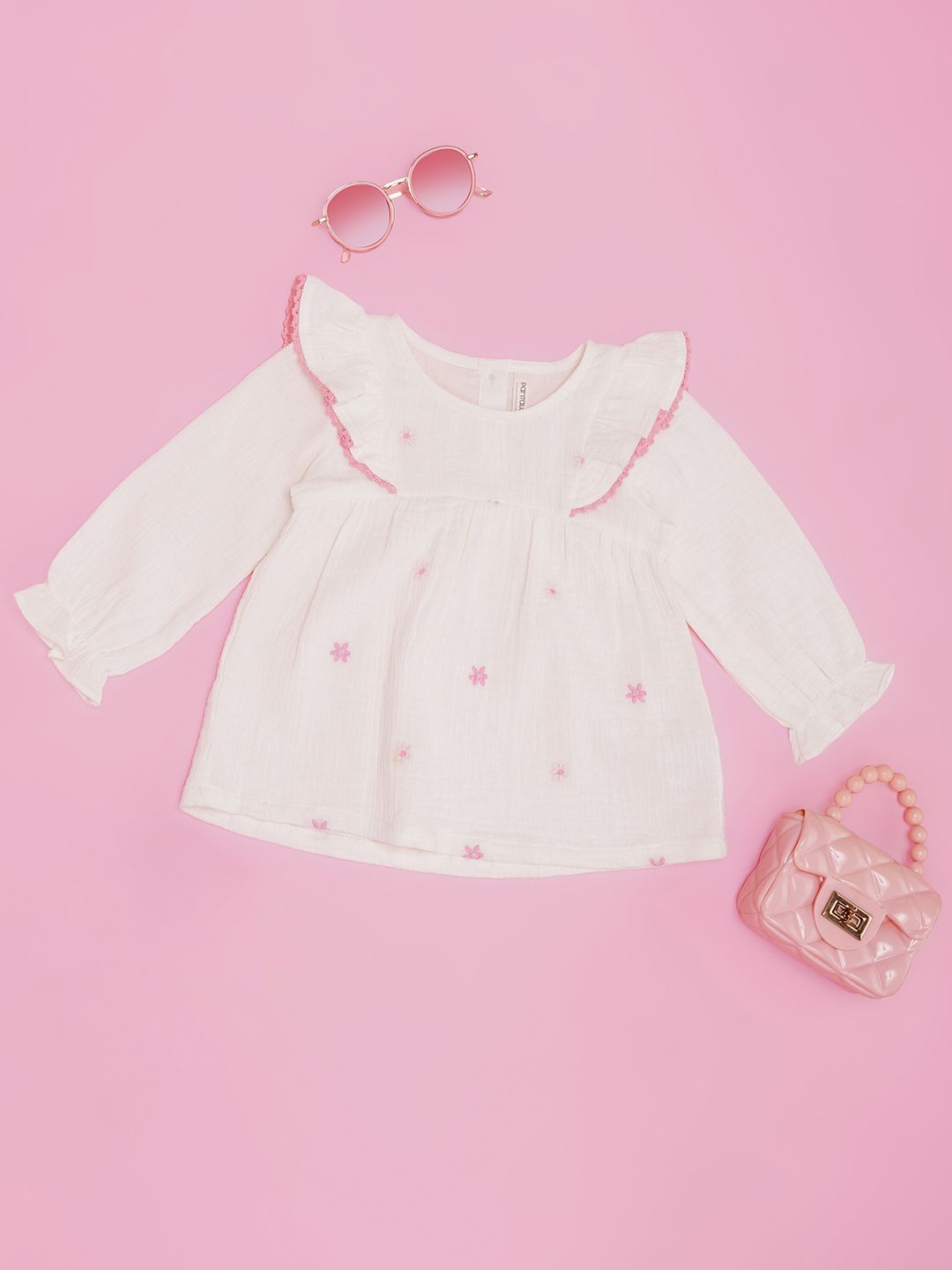 Girls Floral Embroidered Ruffles Cotton Top