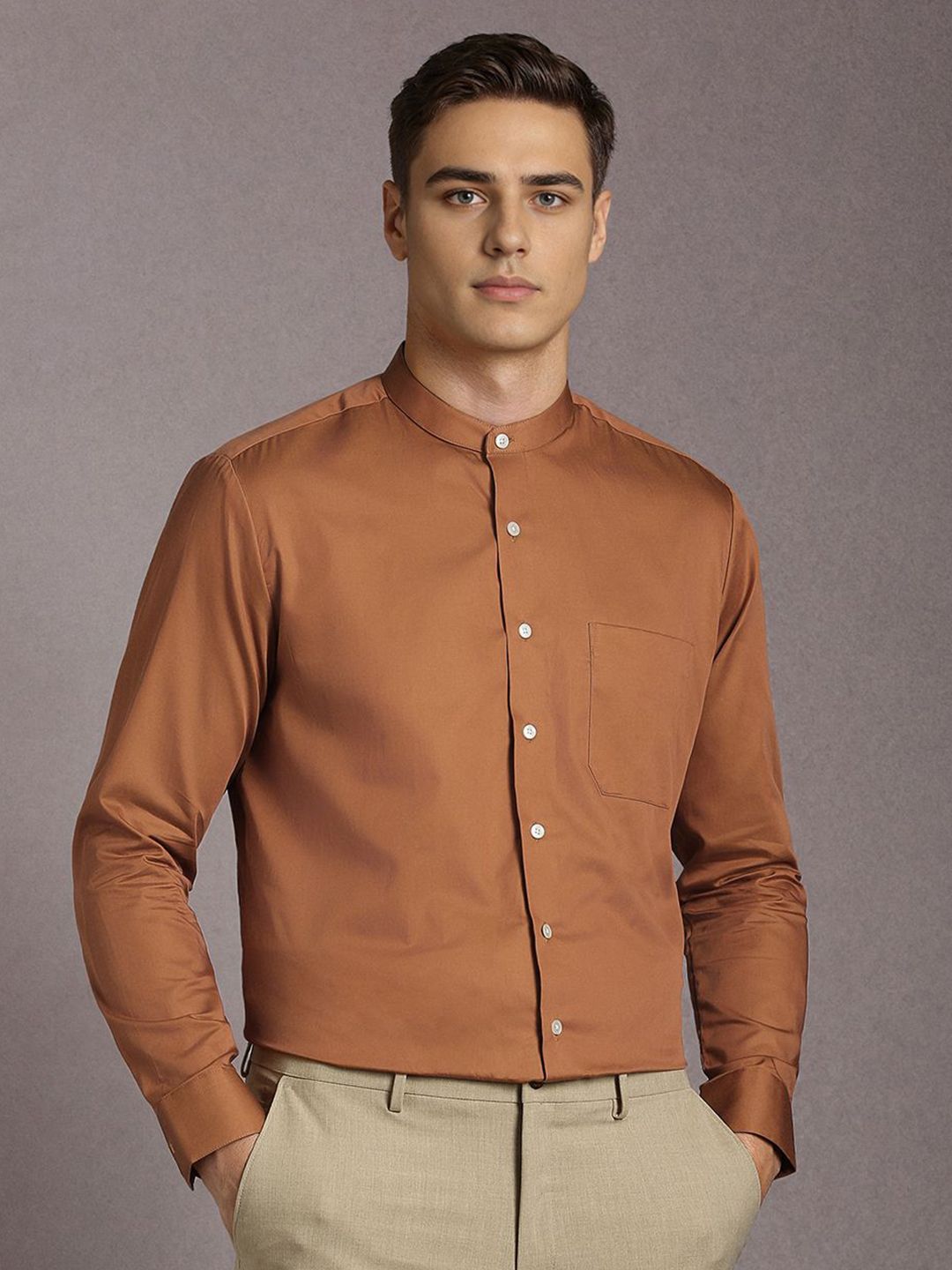 Louis Philippe Slim Fit Band Collar Cotton Shirt