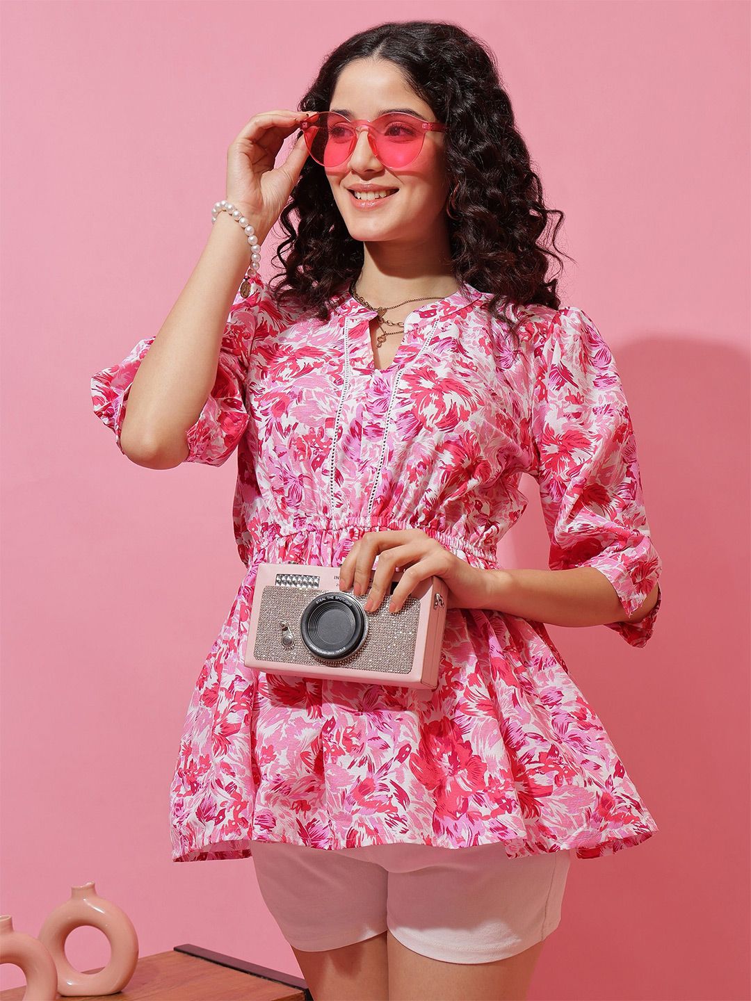 Honky Tonky Women Floral Printed Mandarin Collar Peplum Top