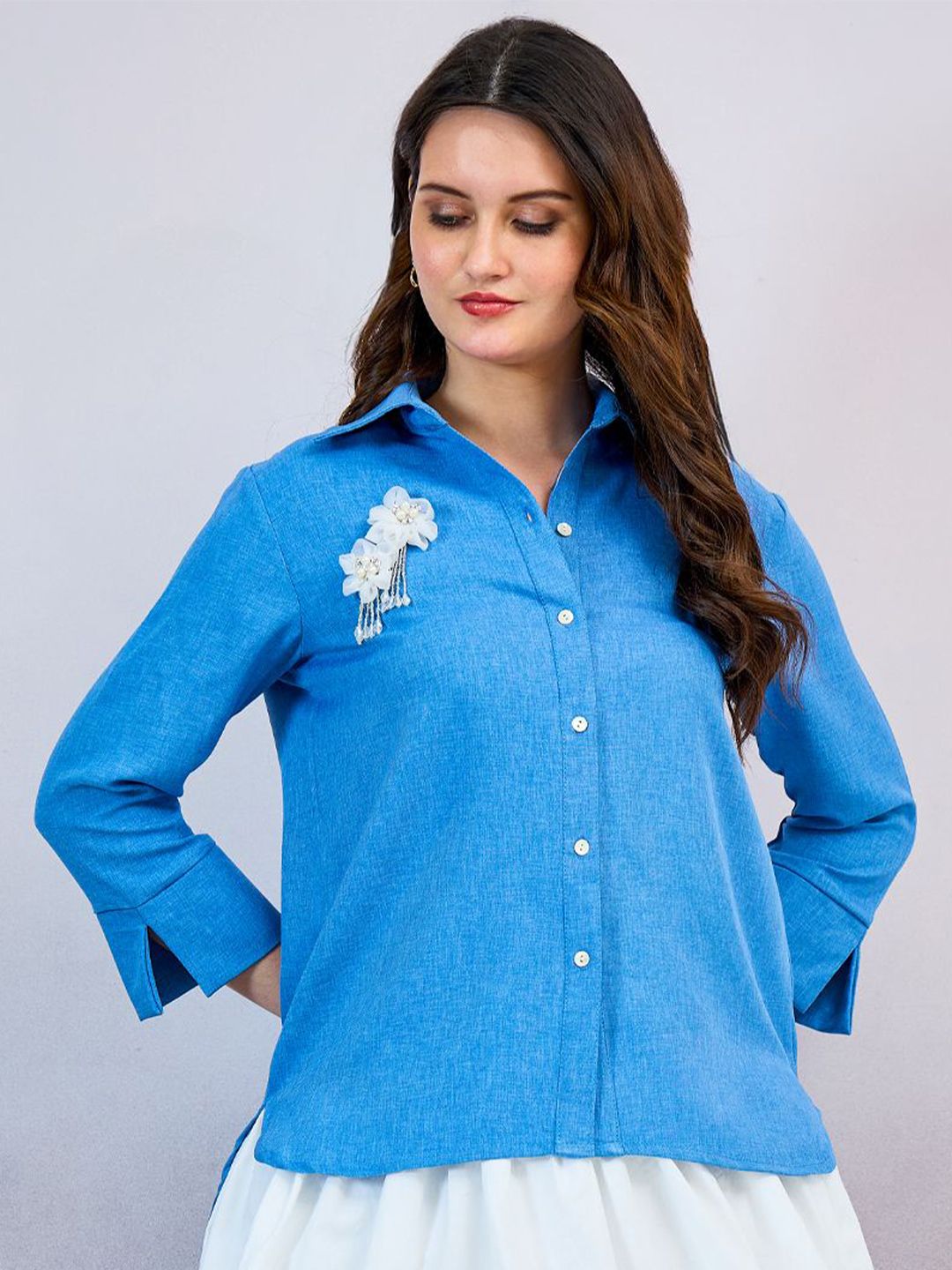 Shally Bhasin by Athena Floral Embroidered Linen Standard Relaxed Fit Shirt