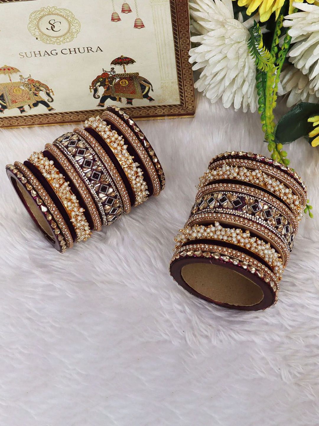 TAJ BRIDAL STORE Set Of 34 Kundan-Studded & Beaded Bangles