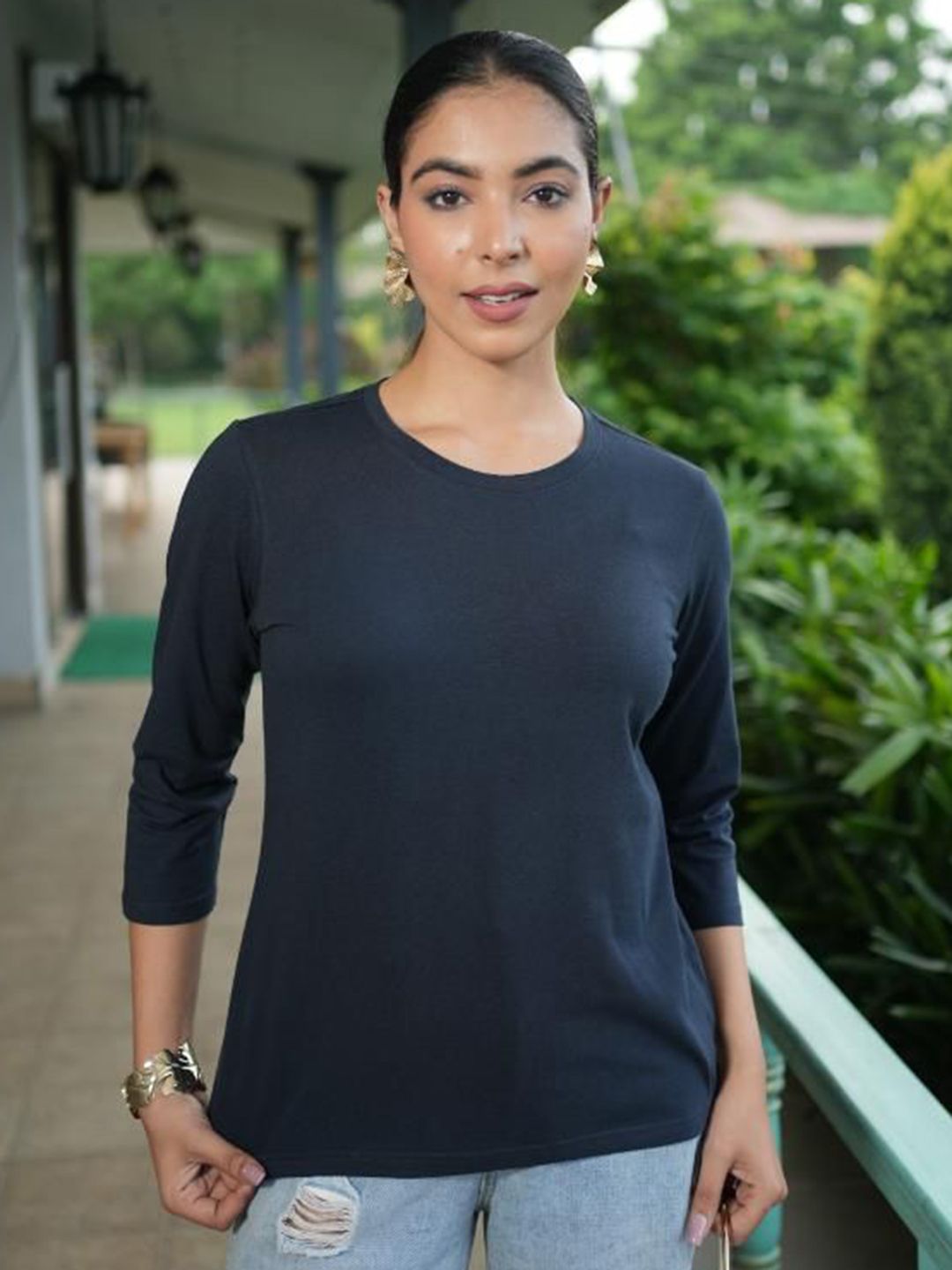 Mlada Women Stretchable Round Neck Slim Fit Solid Cotton Tshirt