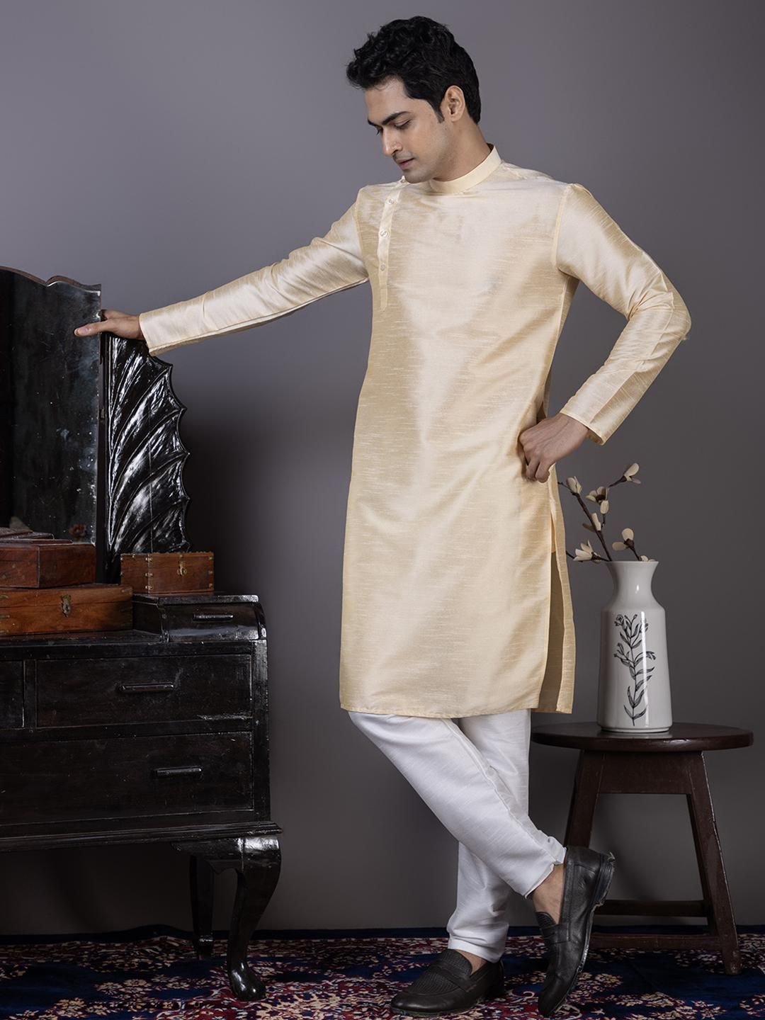 PulseIQ Men Dupion Silk Straight Kurtas