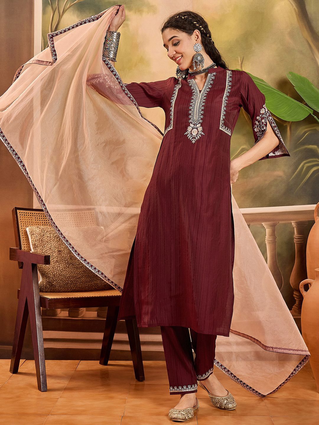 Sangria Thread Embroidered Kurta With Trousers & Dupatta
