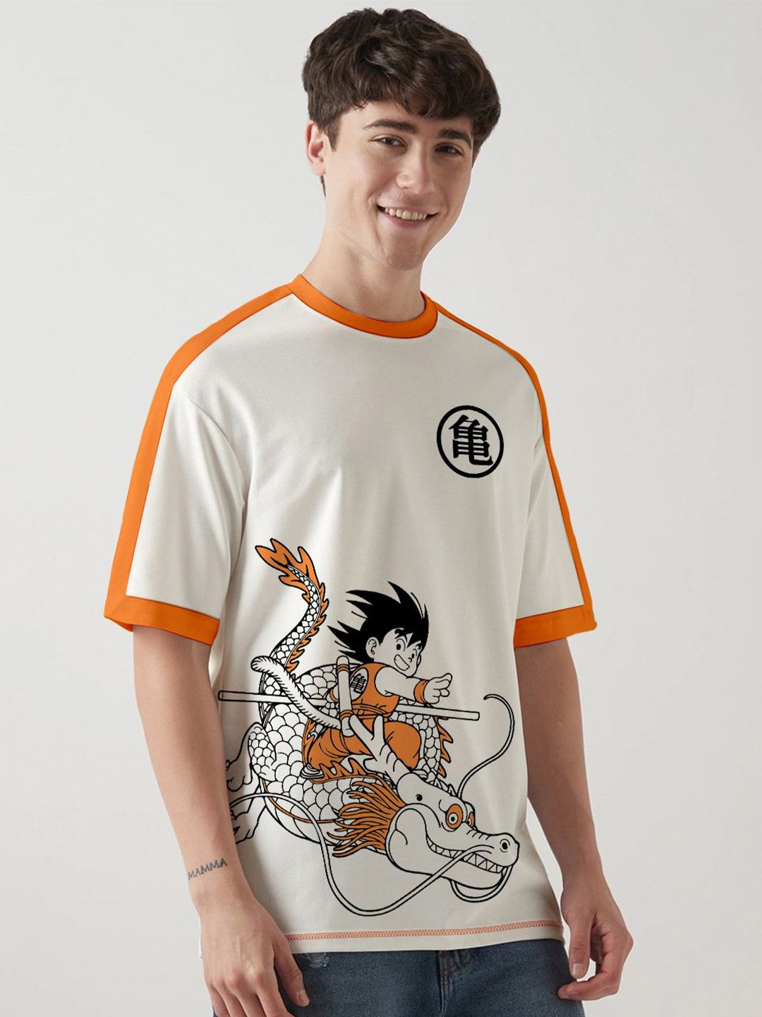 Crazymonk Kid Goku X Shenron Printed Drop-Shoulder Sleeves Cotton Oversized T-shirt