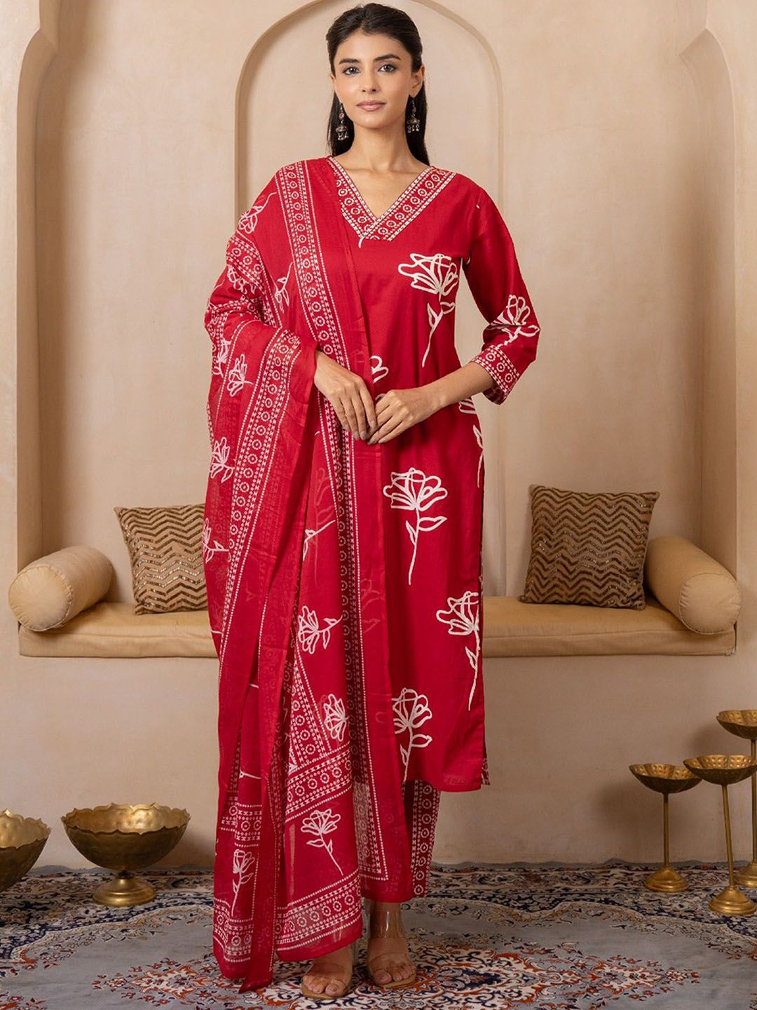 SHIVARA Floral Printed V-Neck Sequinned Pure Cotton Straight Kurta With Trousers & Dupatta