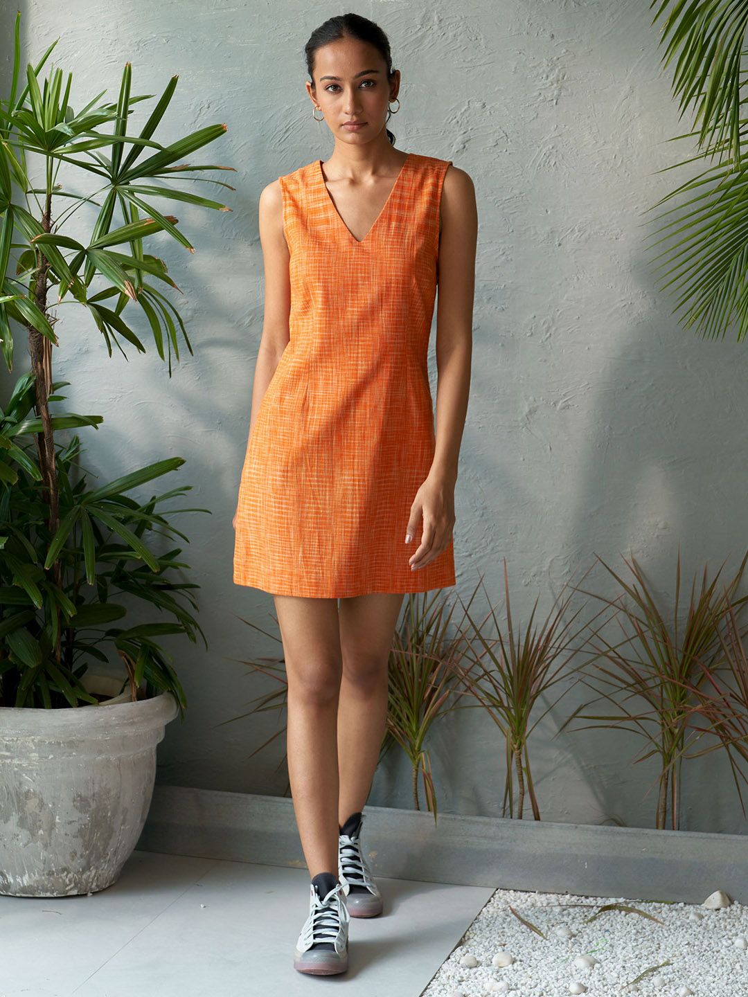 Canoopi Checked V-Neck Cotton A-Line Mini Dress