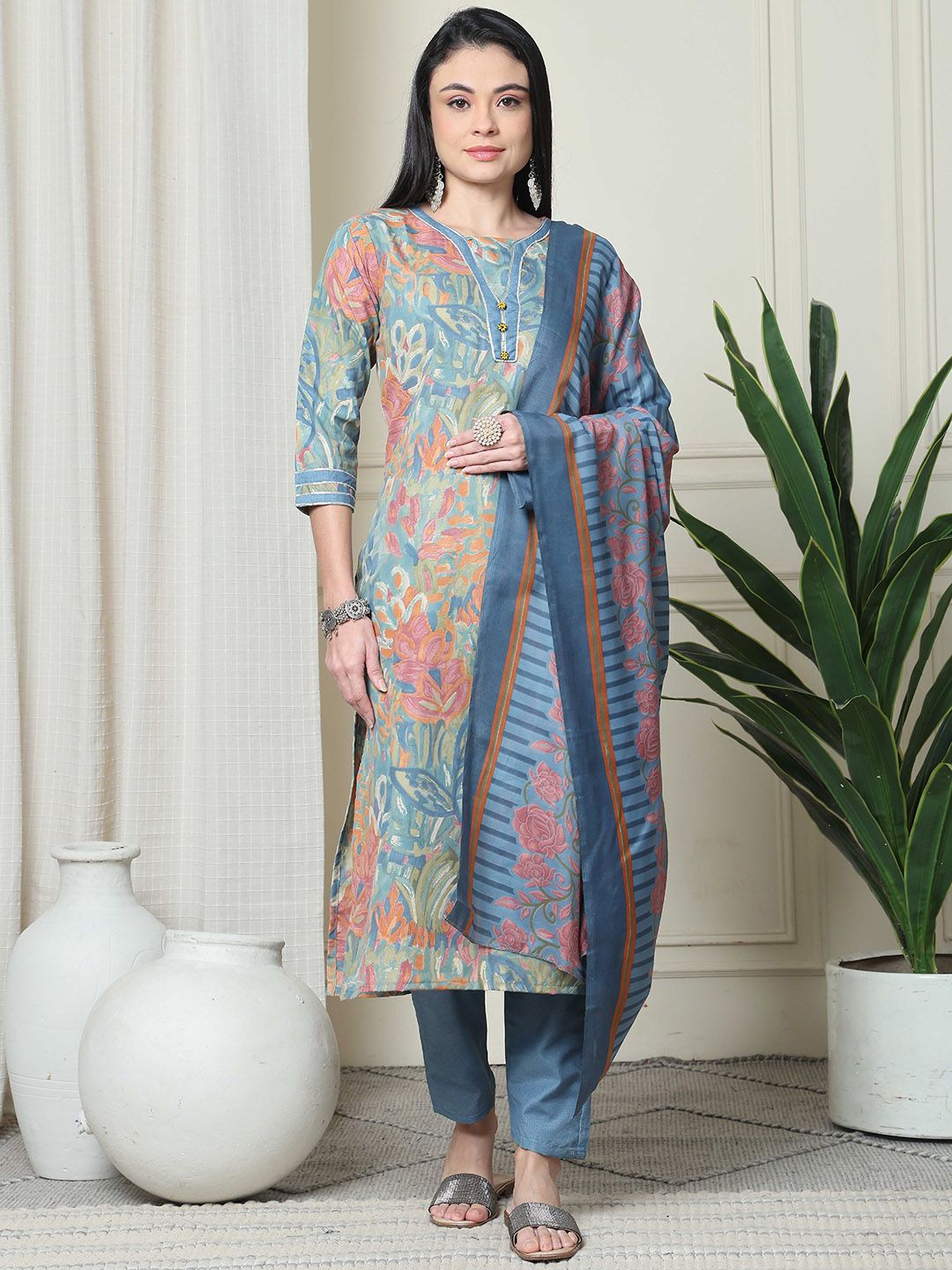 KALINI Floral Printed V-Neck Straight Kurta With Trousers & Dupatta
