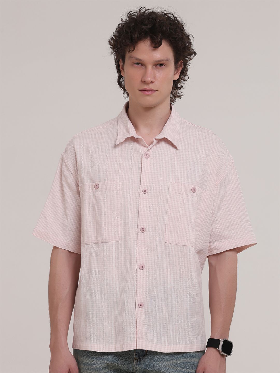 Espanshe Men Gingham Checked Spread Collar Pure Cotton Casual Shirt