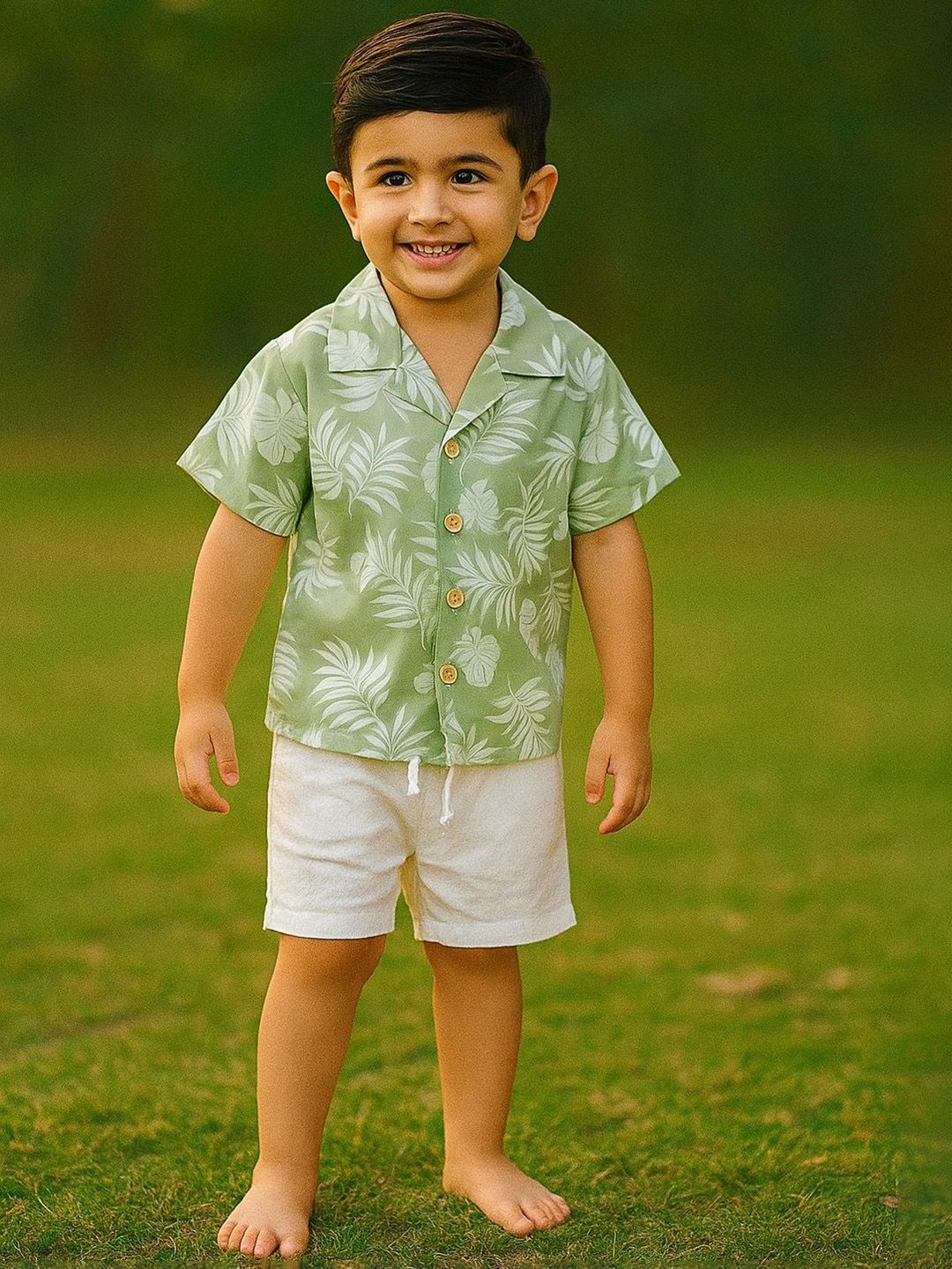 Buy Anneca Boys Leaf Printed Short Sleeves Linen Shirt With Shorts -  - Apparel for Boys