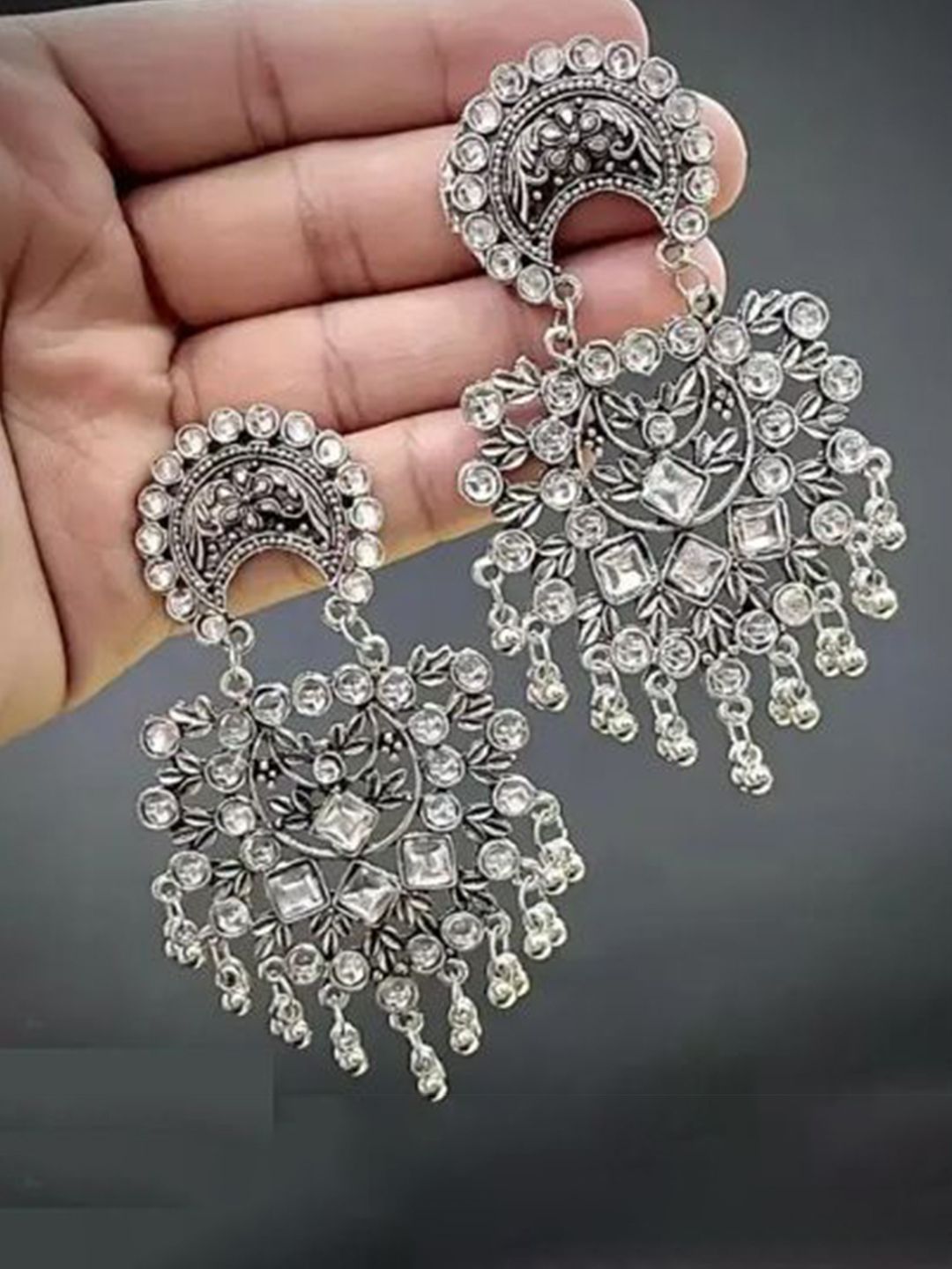 Samridhi DC Stones Studded & Ghunghroo Beaded Oxidised Crescent Shaped Chandbalis