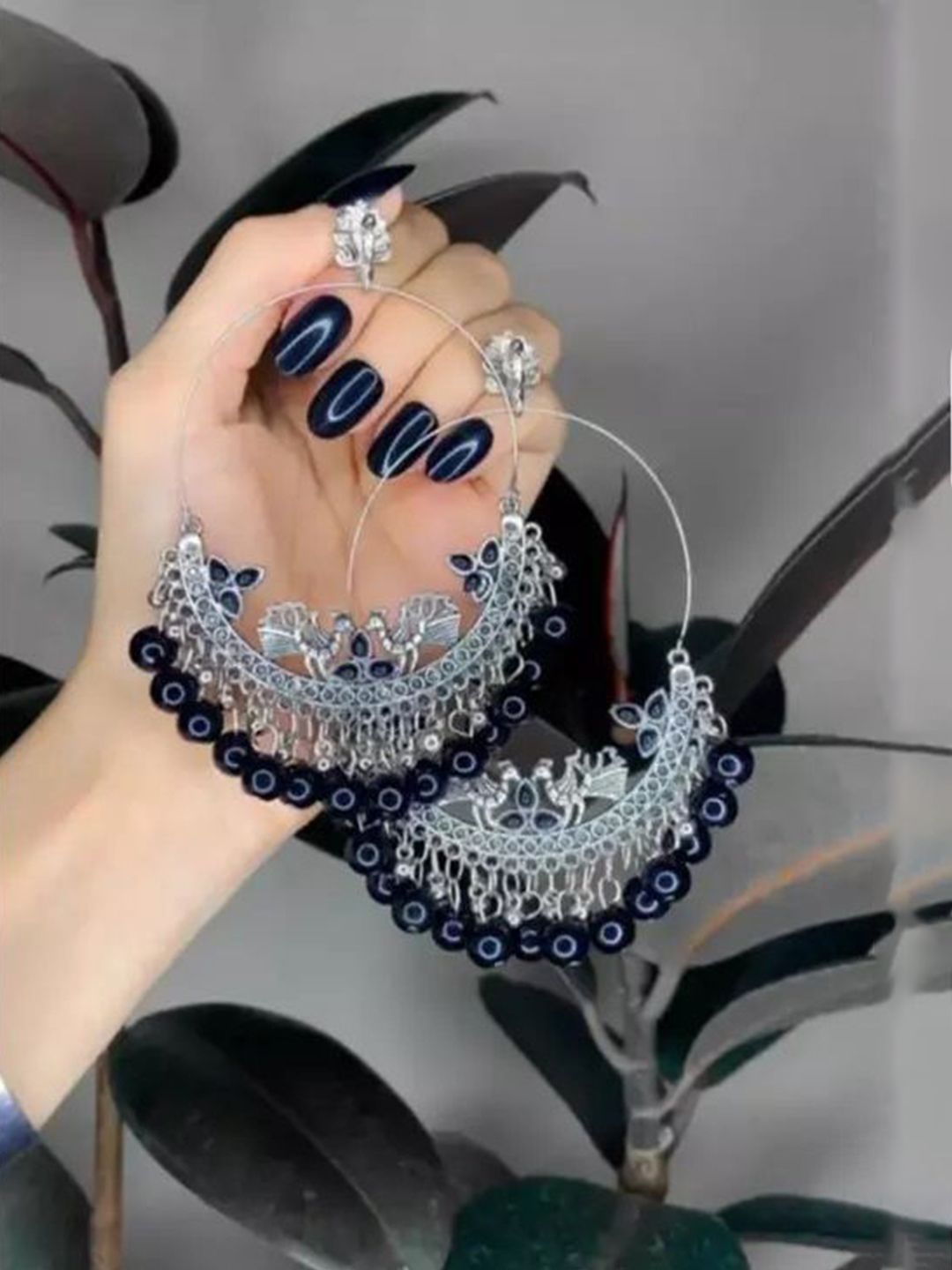 Samridhi DC Artificial Stones Studded & Beaded Oxidised Contemporary Drop Earrings
