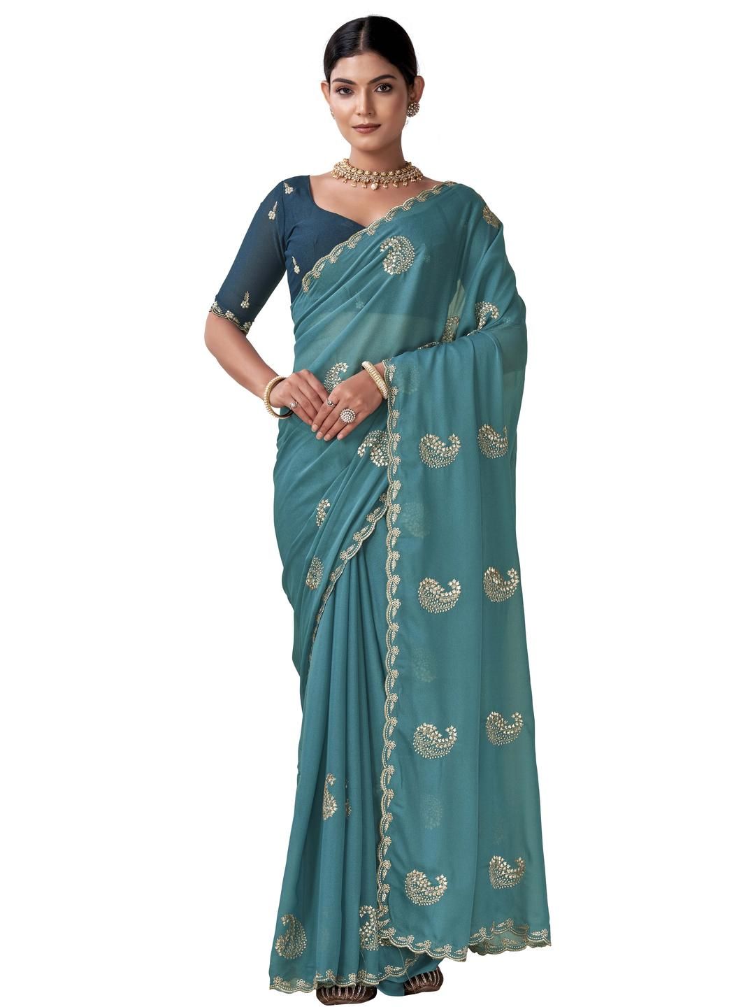 Kandora Floral Embroidered Pure Georgette Heavy Work Saree