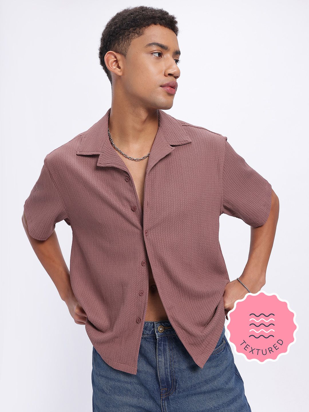 glitchez Textured Cuban Collar Relaxed Fit Shirt