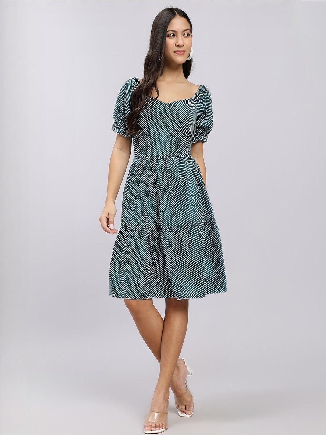 Green Striped Crepe Fit & Flare Knee Length Dress
