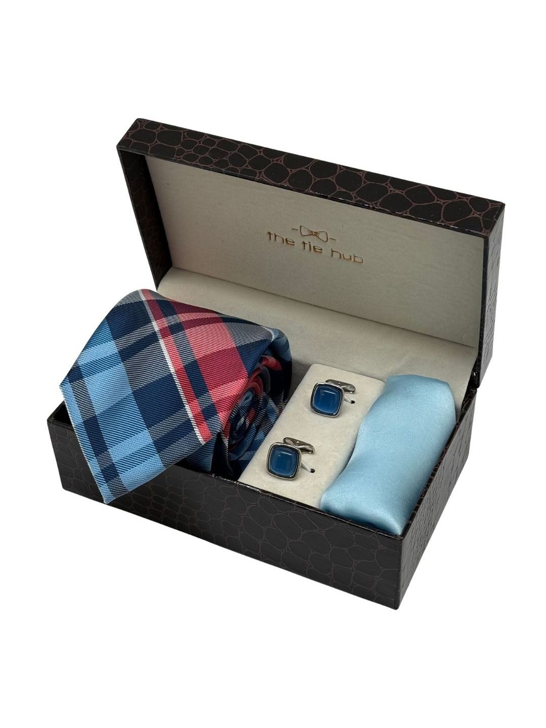 The Tie Hub Men Accessory Gift Set Of Check Necktie With Cufflinks & Pocket Square
