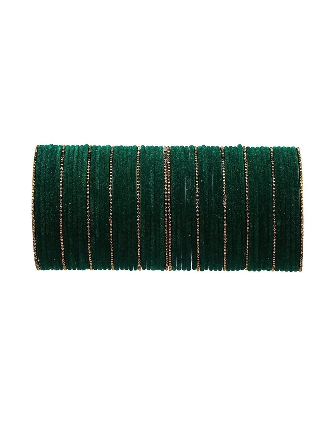 Guddan Set of 60 Dark Green & Golden Metal Velvet Bangle Set