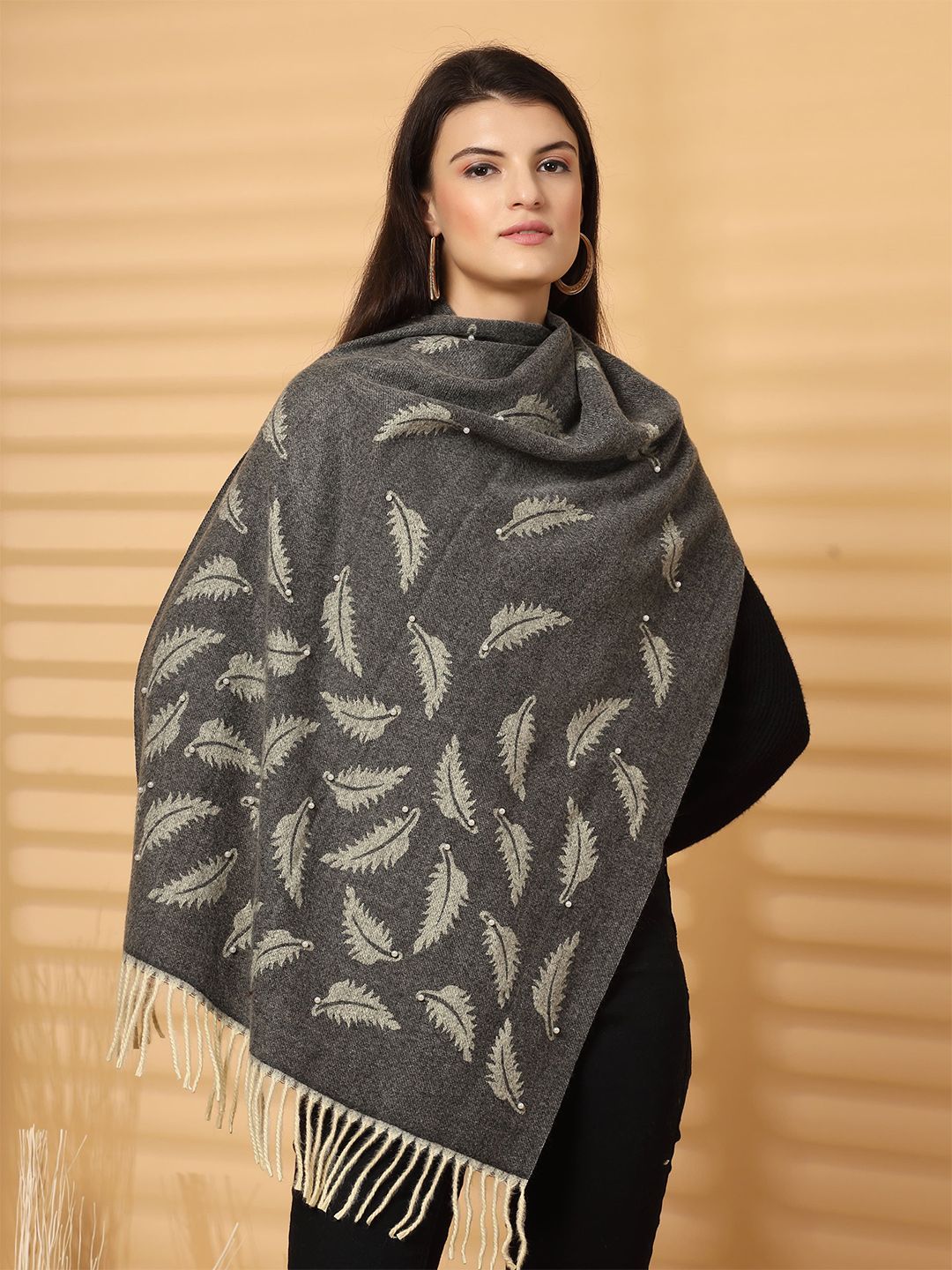 Mafadeny Women Leaf Design Patterned and Beaded Winter Stole