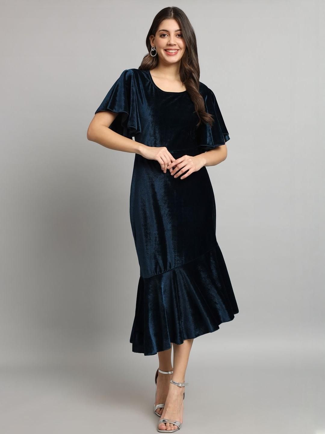 VAARARO Women Flared Sleeve A-Line Midi Dress