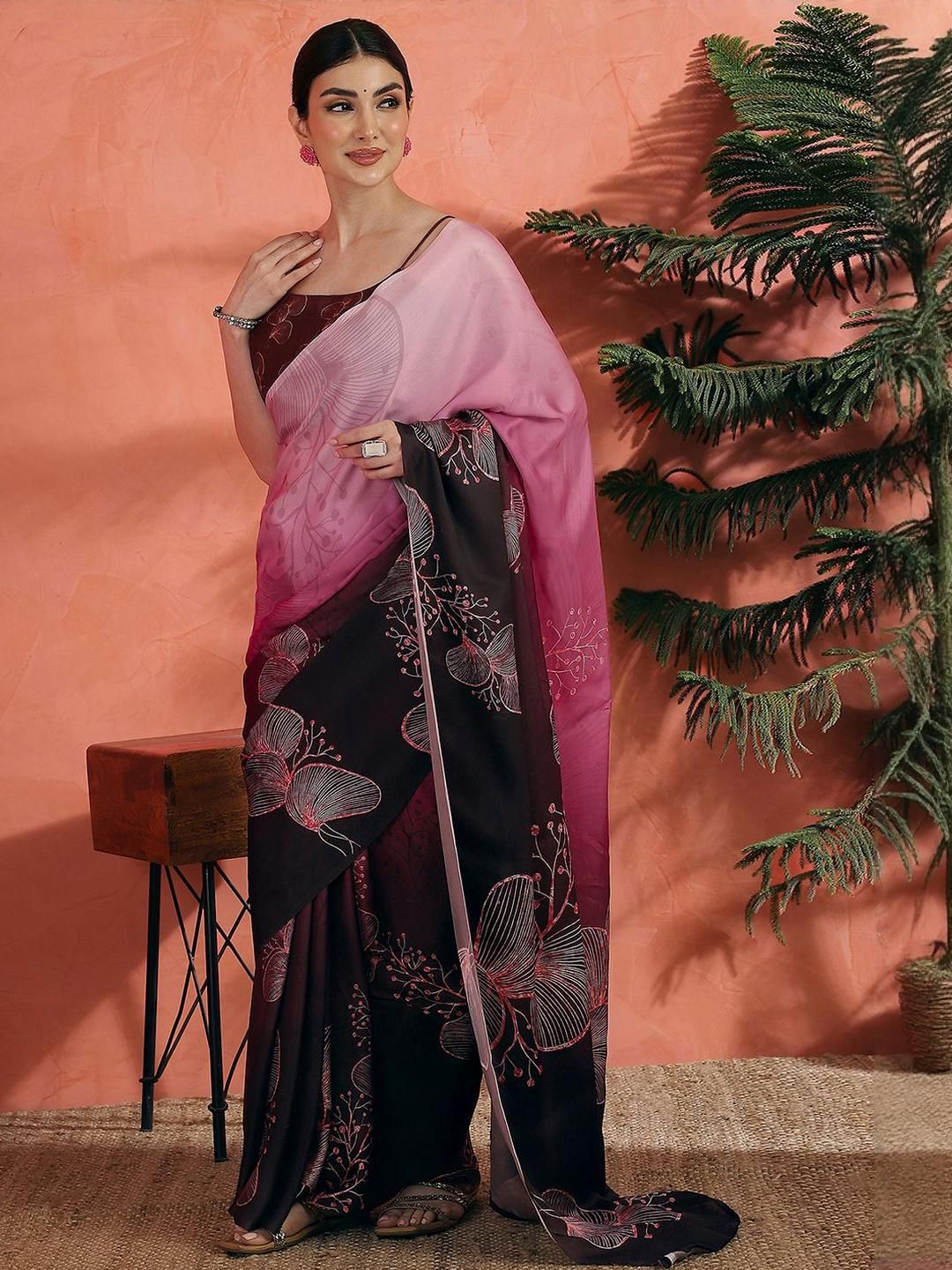 Sangria Floral Printed Satin Saree With Unstitched Blouse
