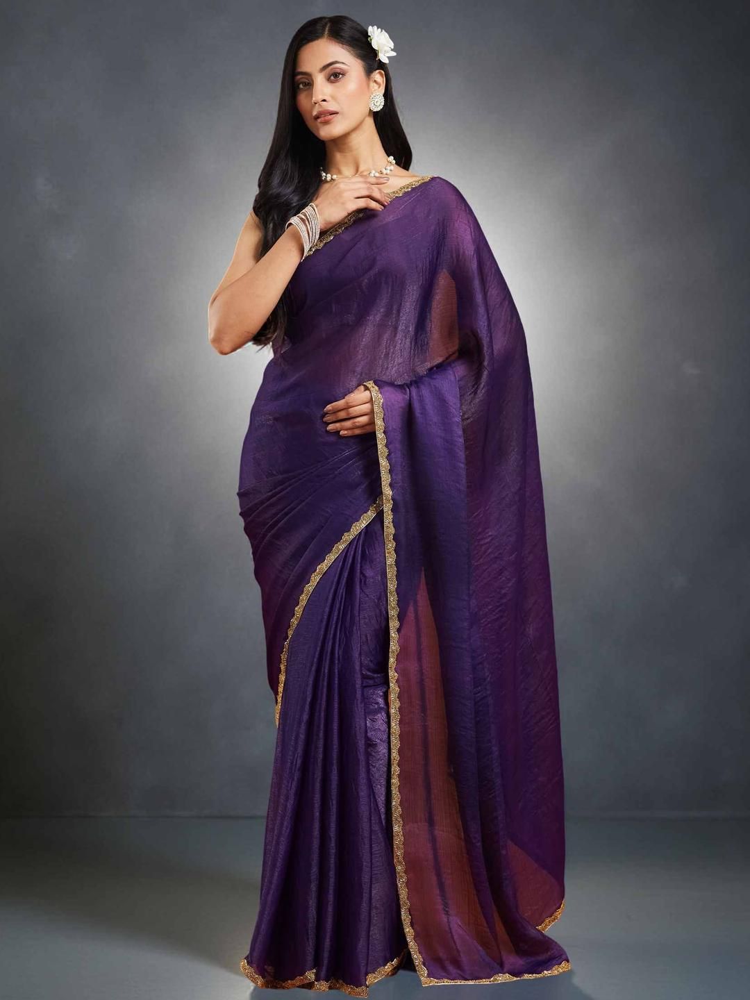 LOROFY Beads and Stones Poly Chiffon Chanderi Saree
