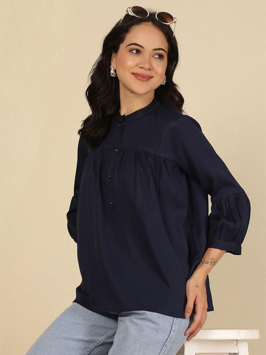 KEIYONA Women High Neck Cuffed Sleeves Cotton Top