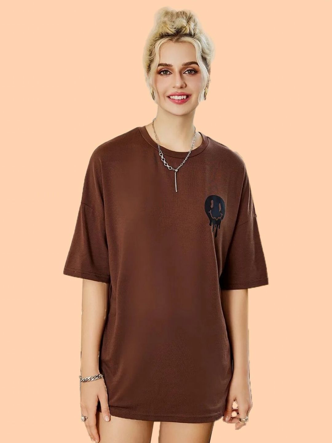 Christy World Typography Printed Round Neck Drop-Shoulder Sleeves Oversized T-shirt