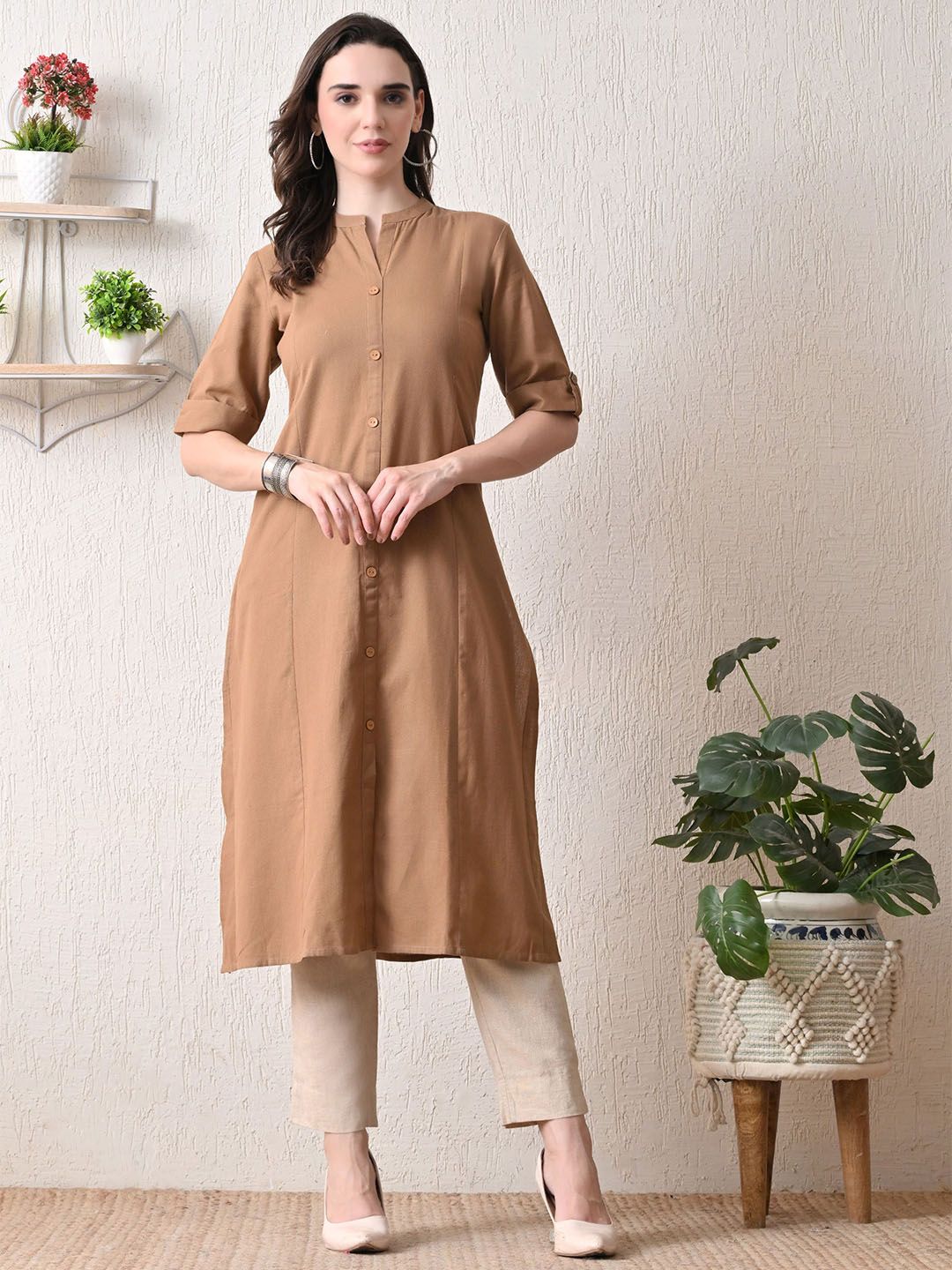 NUNCHII Women Cotton Mandarin Collar Neck A-Line Kurta