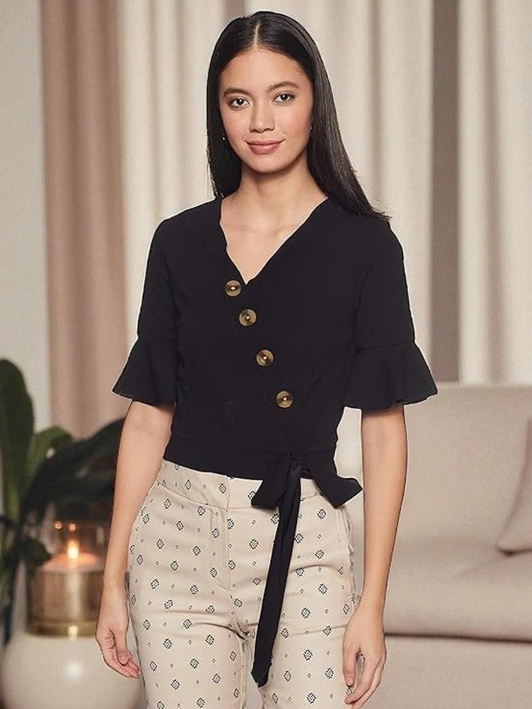 ZEUGEN Women Bell Sleeve Wrap Top