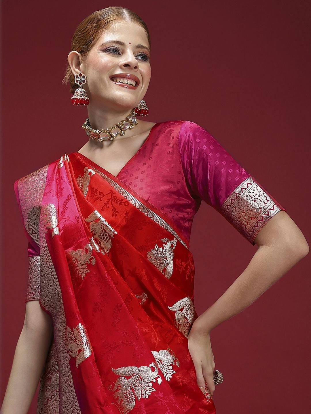 Sangria Ethnic Motifs Woven Design Zari Saree With Unstitched Blouse