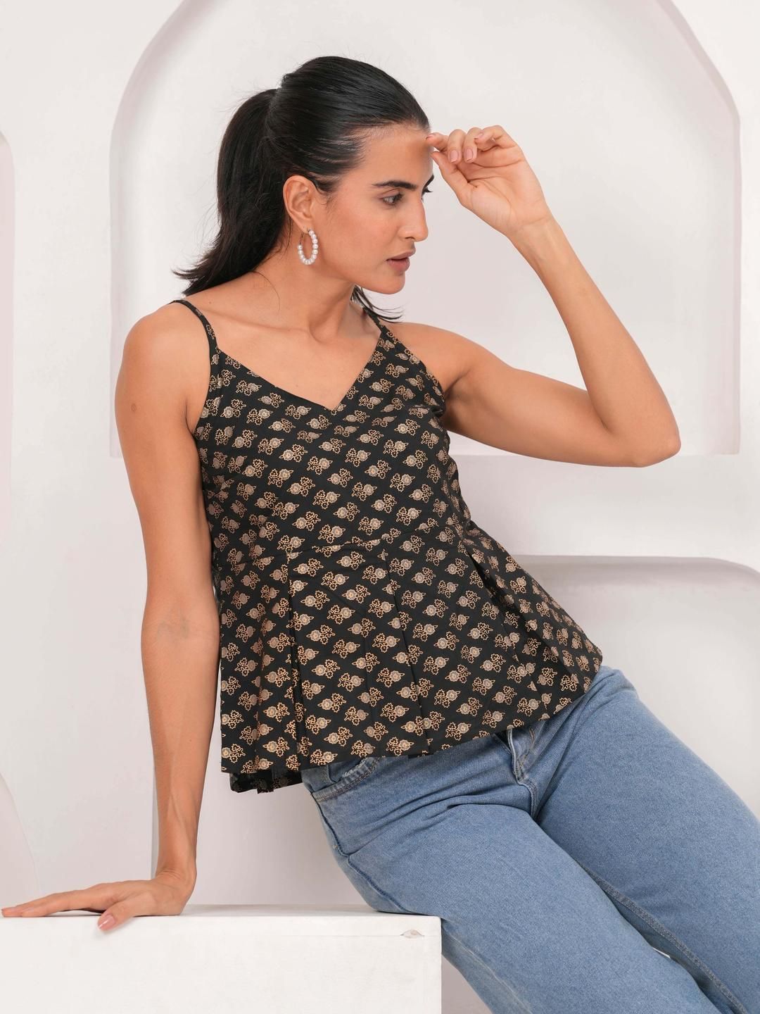 KEIYONA Women Ethnic Motifs Printed Cotton Peplum Top