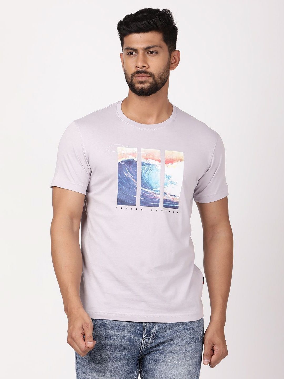 Indian Terrain Graphic Printed Round Neck Short Sleeves Pure Cotton T-Shirt