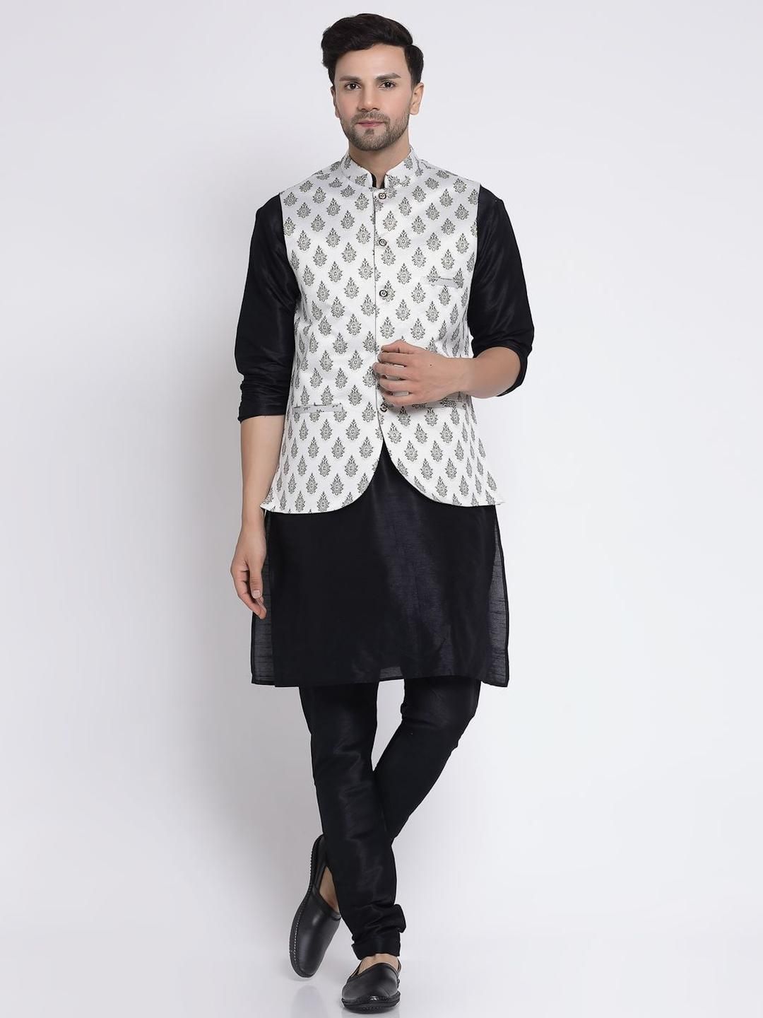 TS LIFESTYLE Men Dupion Silk Mandarin Collar Kurta with Pyjamas & Nehru Jacket